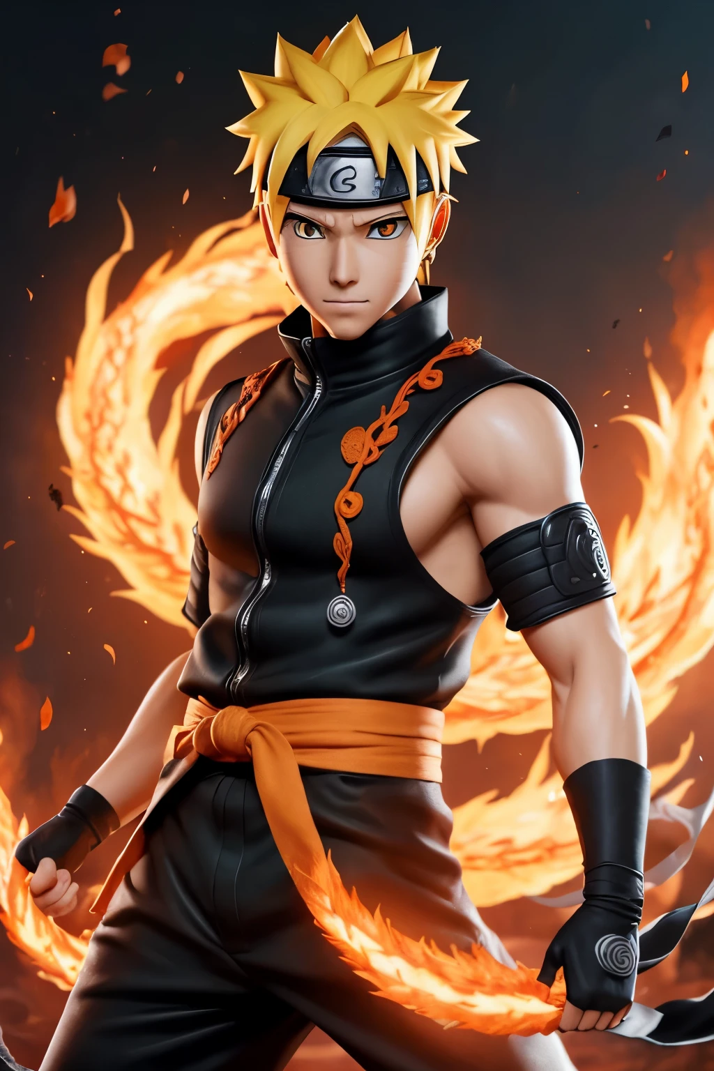 Create an exquisitely detailed, photorealistic image of Naruto Uzumaki, the renowned ninja character. (Top-quality: 1.4, 8K, 32K, masterpiece) captures every intricacy of his dynamic pose as he faces the camera, making eye contact with the viewer for an immersive experience. Naruto wears his iconic black and orange ninja attire, contrasting beautifully against the smoked background reminiscent of Kurama, the nine-tailed fox. The depth of field is set at f/1.8, ensuring that Naruto is the sharp focus of the composition, while the background is gently blurred