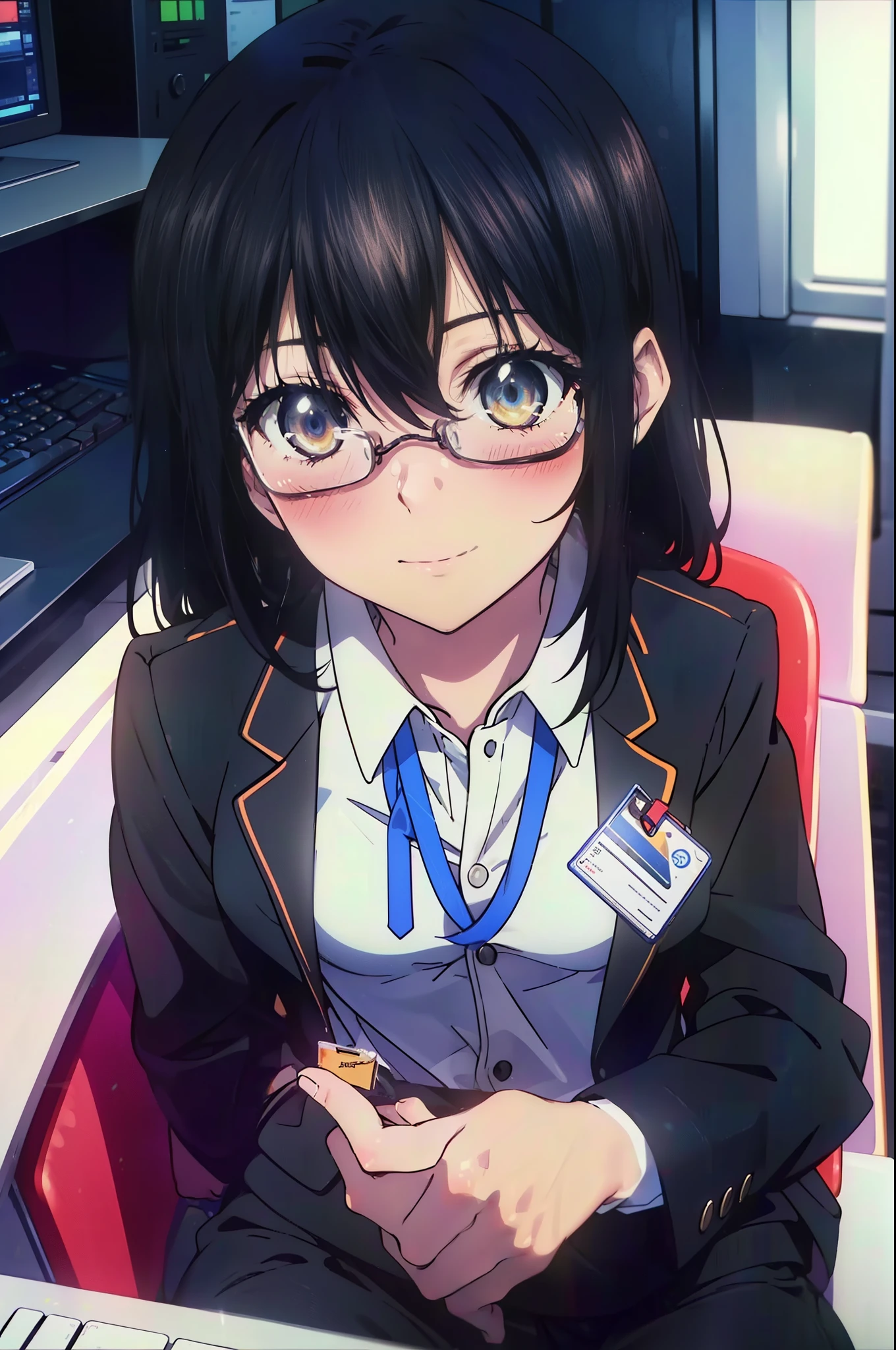 yukina, 1 girl, alone, , find, medium long hair, bangs, black hair, above the ribs, eyes between hair, brown eyes, OL, red glasses, end, black suit jacket, collared jacket, white dress shirt, collared shirt, neckline, button, strap, ID card on the neck, black pencil skirt, black pantyhose, stiletto heels,charm, Mechanical,On a computer,sitting in a chair, interior,touch typing , destroy indoors, office,smile, blush, whole body, In town,building street,morning日,morning,Light of the sun,(cowboy shot:1. 5),(masterpiece:1.2), highest quality, High resolution, unity 8k wallpaper, (shape:0.8), (beautiful and detailed eyes:1.6), highly detailed face, perfect lighting, Very detailed CG, (perfect hands, perfect anatomy),