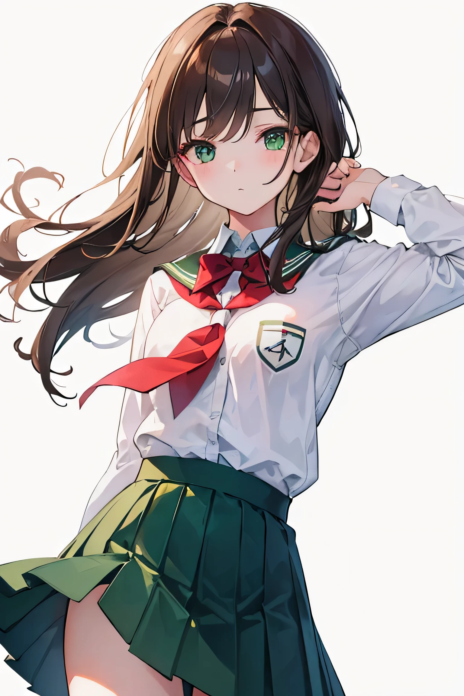 1girl, high res, ultrasharp, 8K, masterpiece, brown haired, green eyes, sexy, school uniform, standing, confident, side bang, black skirt, white background