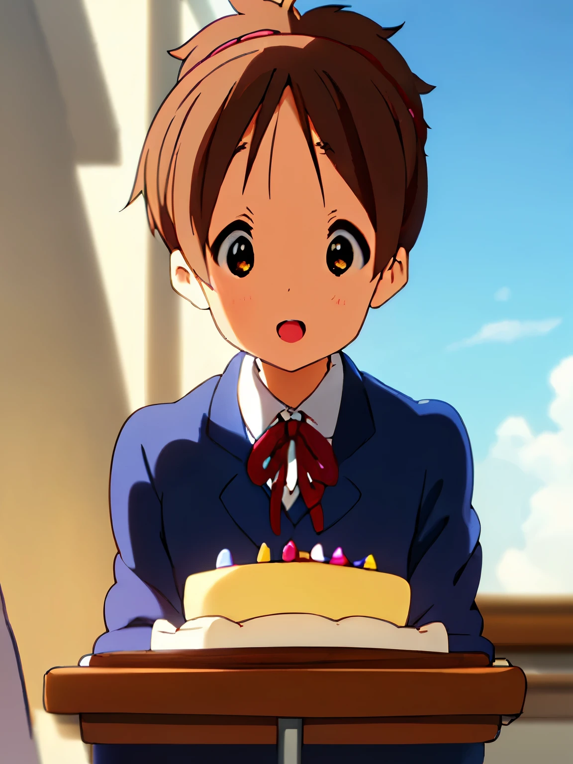 1girl, (((​masterpiece))), top-quality, top-quality, High Details,(((picture perfect))),(((no text))), 1girl, solo, ui hirasawa, school uniform, sweater vest, short sleeves, looking at viewer, school, classroom, smile, short hair, hair tied, A brown-haired, brown-eyed, solo, reddish, Dark blue blazer with thin red ribbon, Solid white buttoned shirt under blazer, birthday party decorations, wearing birthday hats ,illustratio, comic strip, soothing tones, Subdued Color, Soft cinematic light, adobe lightroom, photolab, HDR, intricately and hyper-detailed、(((depth of fields))))。(((​masterpiece)))。(((top-quality))).)((ultra-detailliert)))。(((illustratio)))。(((takeout))).dynamic focus.big breasts.(((school))).(((A classroom))).(((Face of happy))). open mouth.(((hand bring a birthday cake))).(((up chest))).((morning glow)).((the setting sun)).