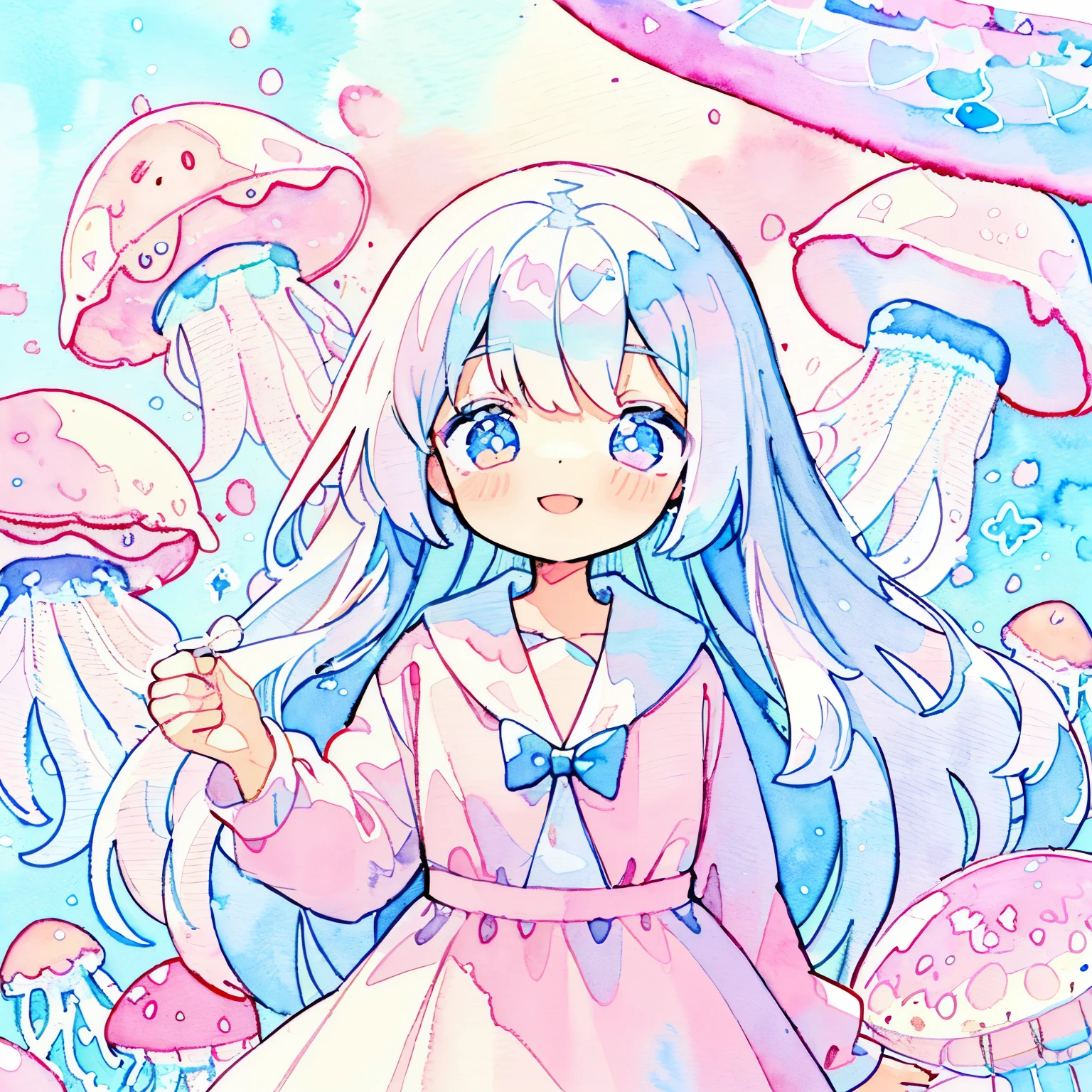(Pastel Color: 1.5), (Cute Illustration: 1.5), (Watercolor: 1.2), light purple background, one girl, smiling, underwater, dress, jellyfish background , sparkling, pink long hair, detailed eyes