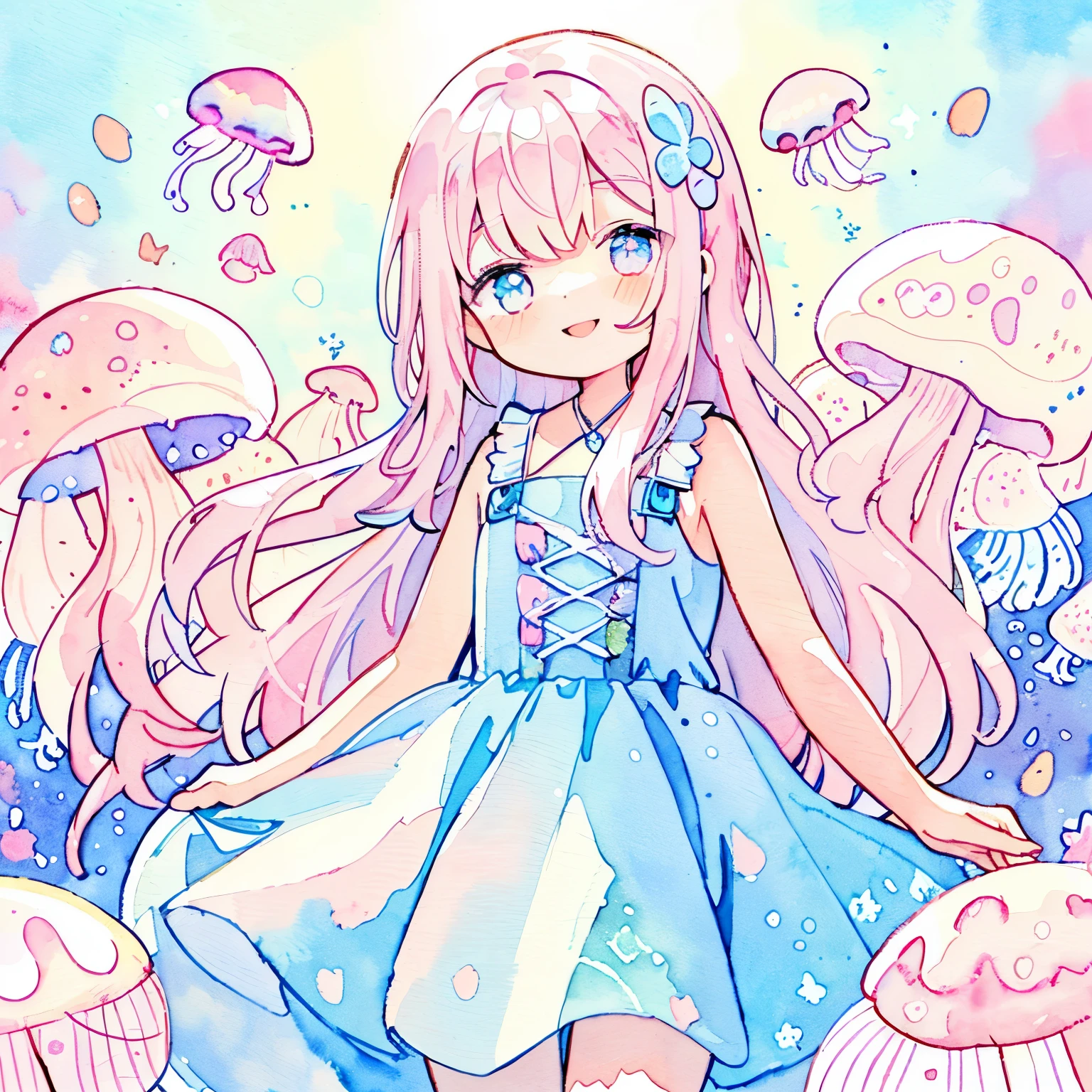 (Pastel Color: 1.5), (Cute Illustration: 1.5), (Watercolor: 1.2), light purple background, one girl, smiling, underwater, dress, jellyfish background , sparkling, pink long hair, detailed eyes