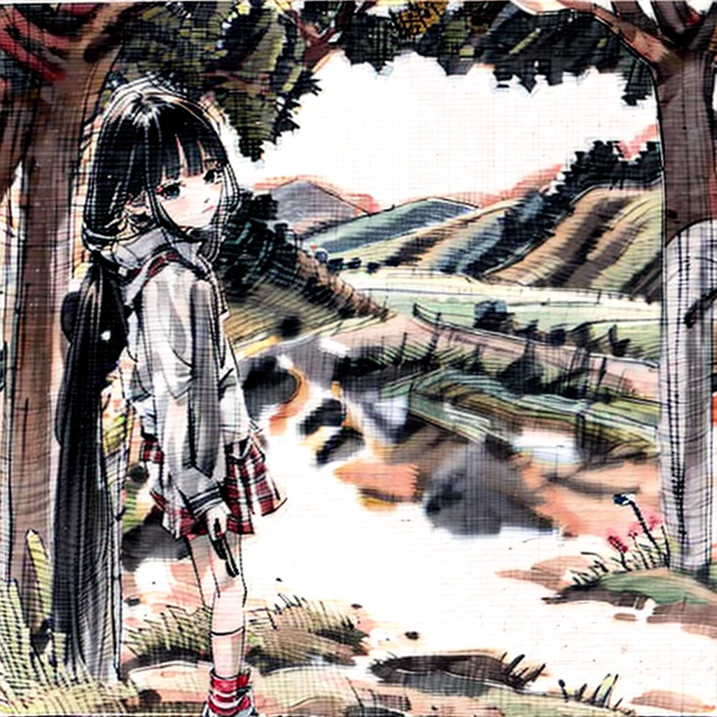 countryside scenery、8 year old girl、cute、
