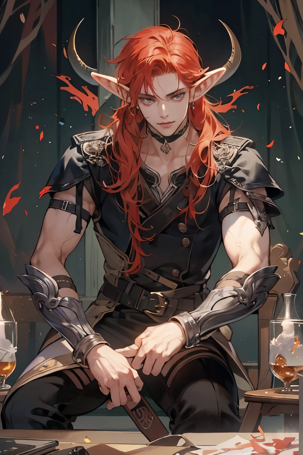 (table top, digital art, digital illustration, 4k, 8k, Super detailed, beautiful images, clear image, realistic, RAW photo, perfect face, perfect lines, perfect eyes, soft lighting) 1 male human, (redhead、long hair、amber eyes,messy hair、bullish look,Smile confidently、devil、It has two black horns on its head..、Pointed elf-like ears、32 years old:1.3),ハンサムなmale性, (White T-shirt with dowel dowel、vest、muscular、Thin macho,solid shoulder width, male:1.2),Sit on the throne with your legs crossed、King、Demon King、hair blowing in the wind、healthy tanned skin、desert oasis、