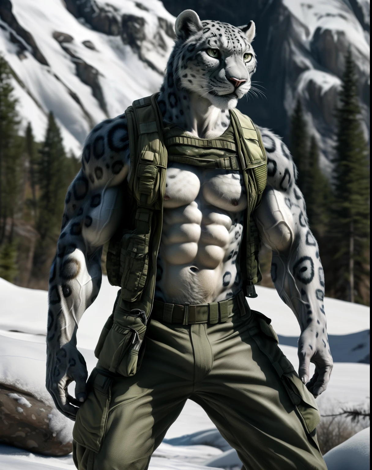 anthro, snow leopard, solo, male, adult, veiny muscles, muscular, military pants, realistic scales, detailed background, wilderness background, realistic, photorealistic, ultra realistic, 8k, bare-chested, short green vest, black , red eyes