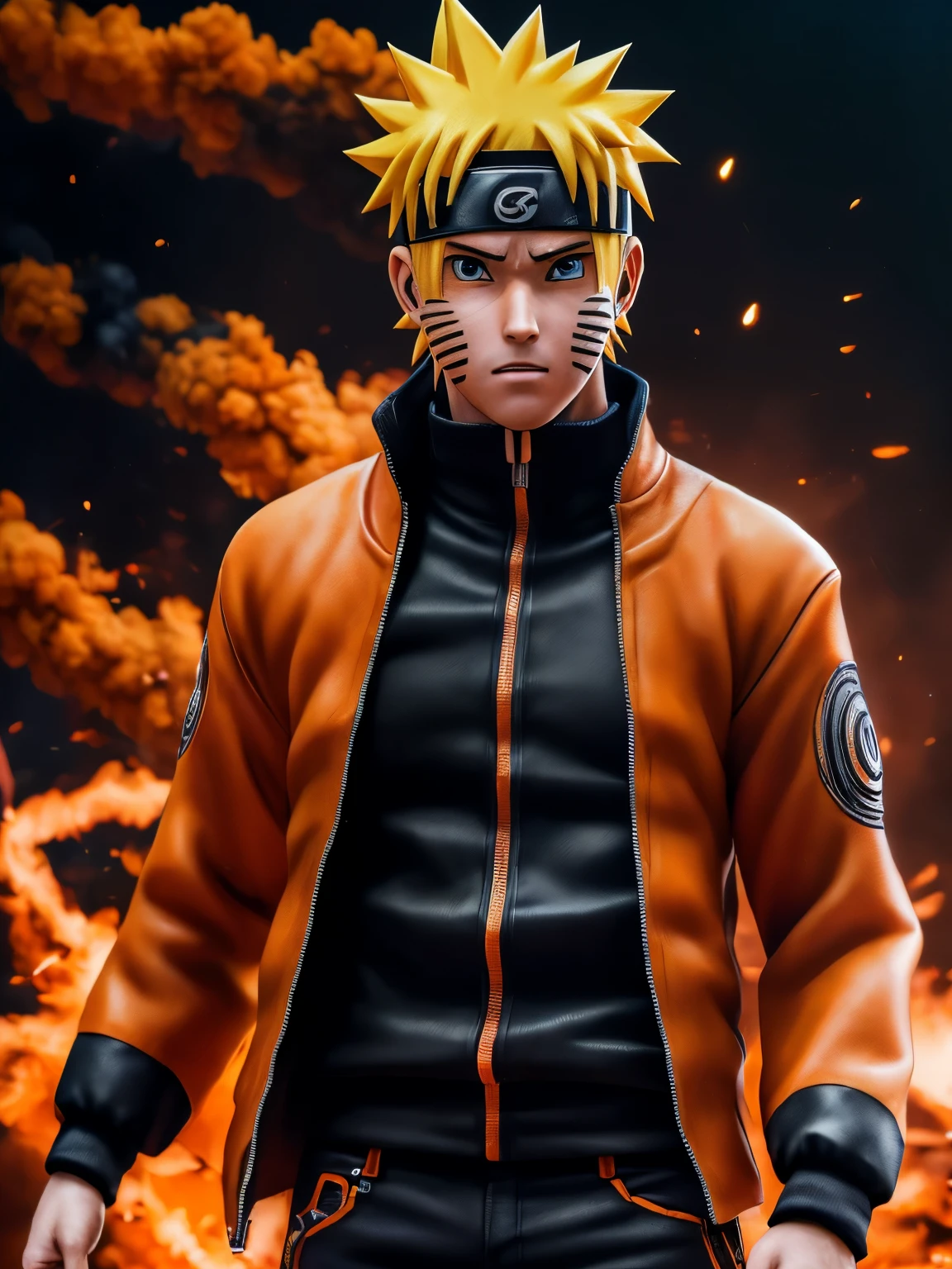 (Photorealistic:1.4) image of a Naruto Uzumaki, (top-quality, 8K, 32K, masterpiece), (dynamic pose), ((facing camera)), (looking at camera), cowboy shot, black orange clothing, depth of field f/1.8, kurama and smoked background, orange color, cinematic lighting.