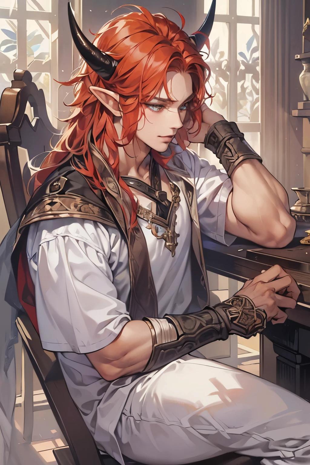 (table top, digital art, digital illustration, 4k, 8k, Super detailed, beautiful images, clear image, realistic, RAW photo, perfect face, perfect lines, perfect eyes, soft lighting) 1 male human, (redhead、long hair、amber eyes,messy hair、bullish look,Smile confidently、devil、It has two black horns on its head..、Pointed elf-like ears、32 years old:1.3),ハンサムなmale性, (White T-shirt with dowel dowel、vest、muscular、Thin macho,solid shoulder width, male:1.2),Sit on the throne with your legs crossed、King、Demon King、hair blowing in the wind、healthy tanned skin、desert oasis、