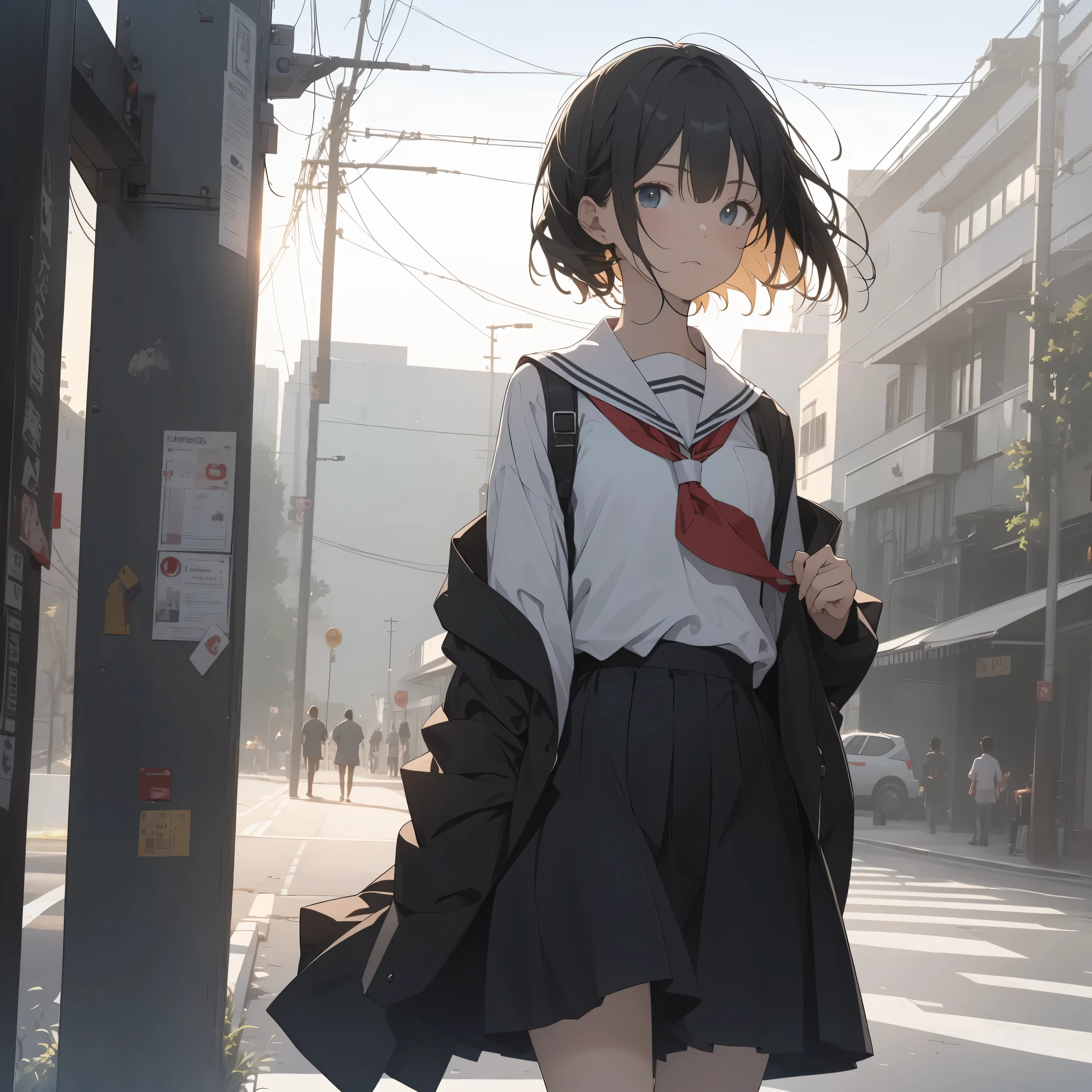 Ultra-highest quality by the art god, super detailed, High resolution, anime moe art style, Best Anime 8K Kona-chan Wallpaper, pixiv contest winner, perfect anatomy, break,(眠そうにalone学校へ行く女の子を描いてください. )dutch angle, break, 1 girl,(alone,little woman,13 years old:1.3),All limbs, full finger,, The charm of an immature body, (very short hair), bangs, flat chest, Small Bodysuits, small ass, between legs, upward facing eyes, small eyes, black eye, detailed and beautiful eyes, Well-proportioned iris and pupils, expressive eyes, lips with beautiful details, High resolutionの詳細な髪, skirt, pleated skirt, neckerchief, sailor collar, school uniform, serahuku, shirt, (detailed lighting), (detailed background), On the way to school. break,super dense skin, Best lighting by famous artists, 8k, cute illustration,Hmm, rough skin,Absurd Hi-Res