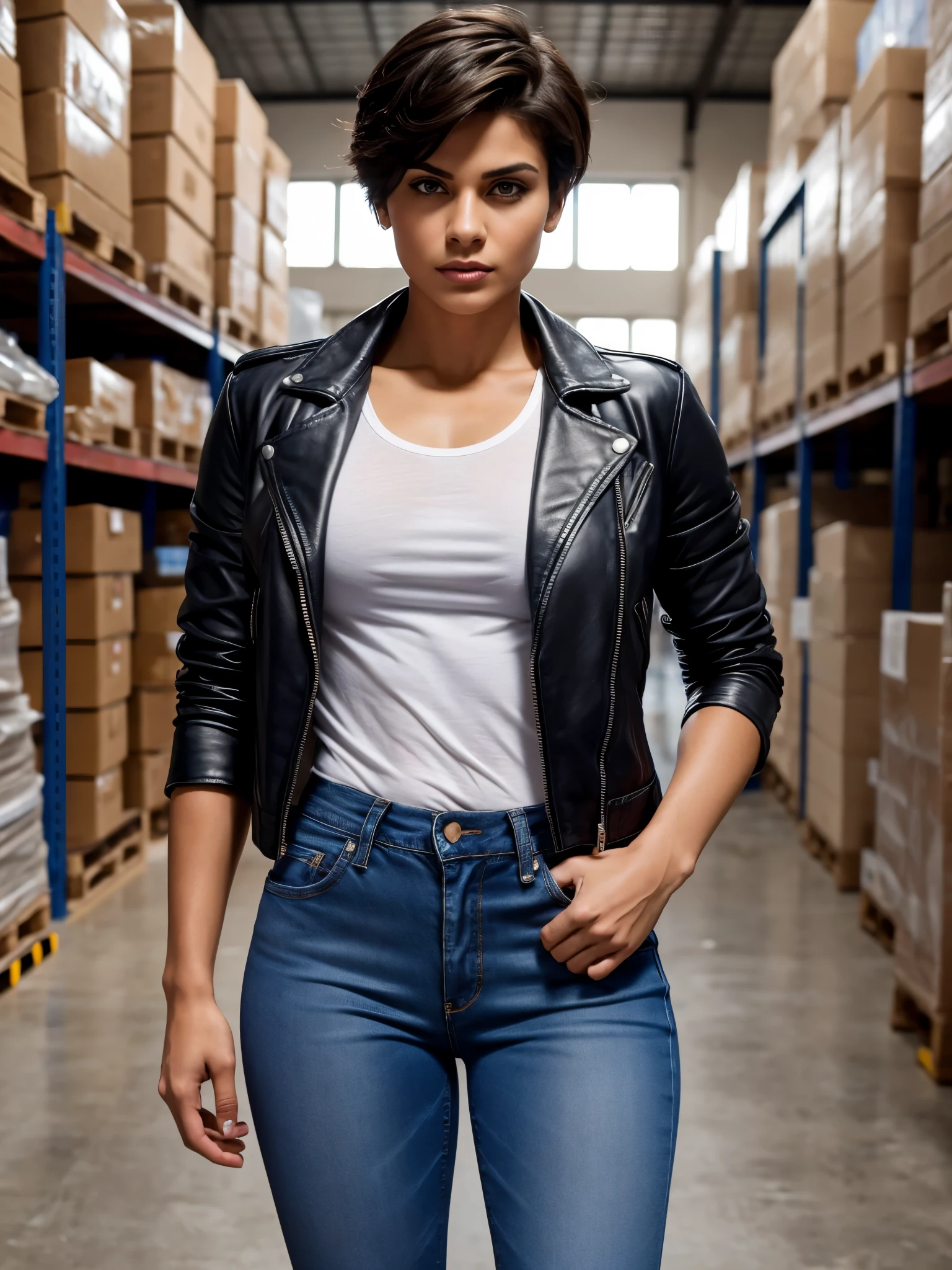 Generate an image of a hugely muscular, pixie-cut Arabian woman confidently standing in a warehouse. She possesses massive muscles and is dressed comfortably in loose-fitting men's blue long jeans, a white oversized t-shirt, and a black leather jacket. Her assertive stance exudes masculinity and strength, with a rough, masculine face and gestures, emanating cool vibes with a fierce expression.