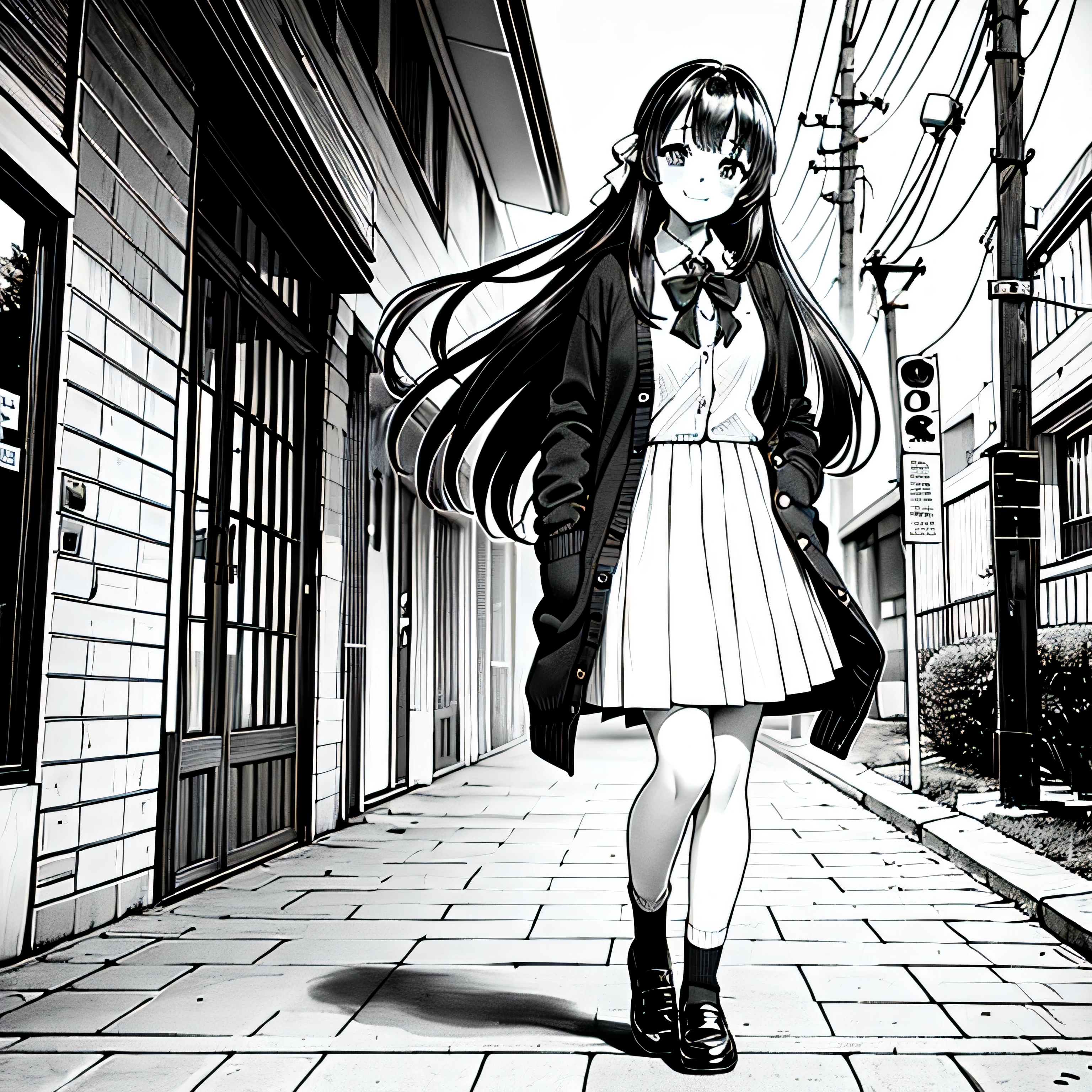 ((Best Quality)), 1girl, lineart, monochrome, ((nagamori)), ((long hair)), ((ribbon behind hair)), ((school uniform)), ((knee length skirt)), ((socks)), ((school shoes)), ((shirt with a bow)), ((cardigan sweater)), smiling, full body, outdoors, spring, city