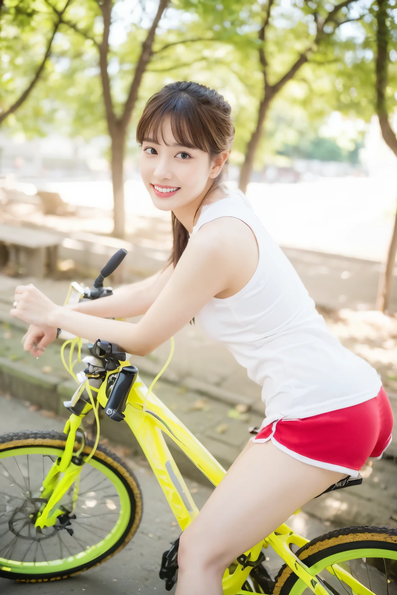 ((Masterpiece, Top image quality, high resolution、alone、skin shiny))(on the table, best quality, actual, super detailed, meticulous, high resolution, 8k wallpaper), Close-up portrait of a beautiful woman, like, smiling, light brown messy hair, Perfect dynamic composition, 美丽meticulous的眼睛, Just like the cover of a fashion magazine, on campus,wearing gold glasses
