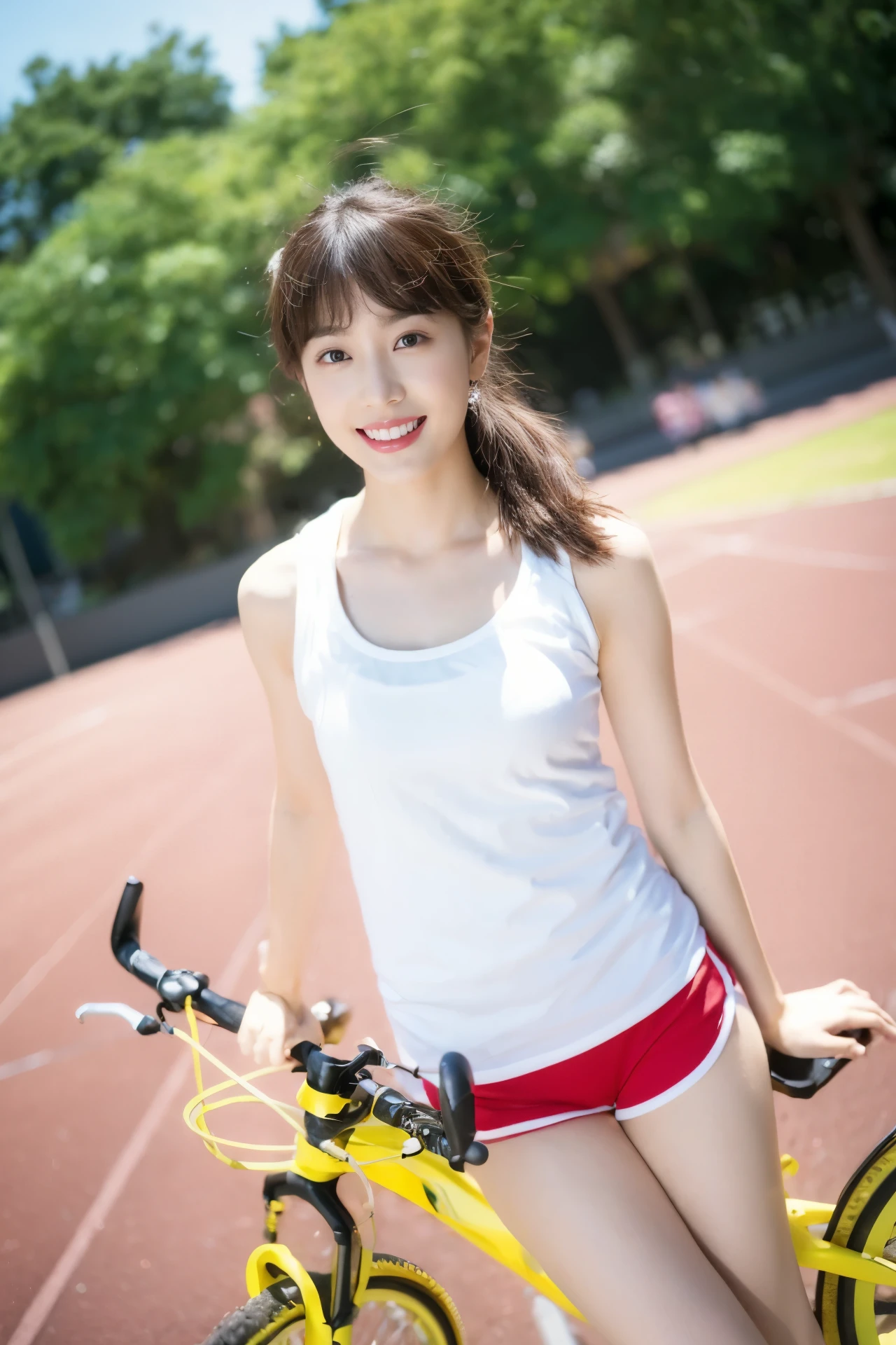 ((Masterpiece, Top image quality, high resolution、alone、skin shiny))(on the table, best quality, actual, super detailed, meticulous, high resolution, 8k wallpaper), Close-up portrait of a beautiful woman, like, smiling, light brown messy hair, Perfect dynamic composition, 美丽meticulous的眼睛, Just like the cover of a fashion magazine, on campus,wearing gold glasses