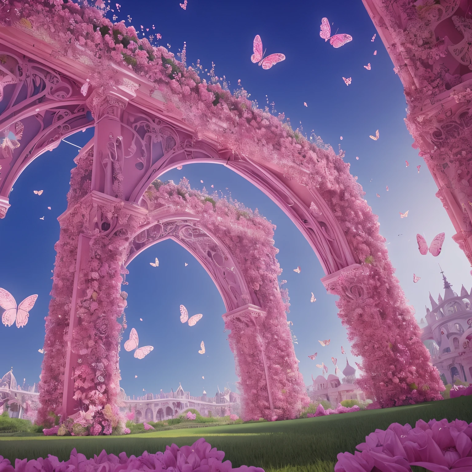 there is a pink arch with butterflies flying around it, pink arches, dreamy aesthetic, surrealism aesthetic, beautiful aesthetic design, beautiful aesthetic, background is heavenly, fantasy aesthetic!, beautiful aesthetic art, wallpaper aesthetic, surreal 3 d render, beautiful background, aesthetic!!, aesthetic cute with flutter, aesthetic!!!!, dreamy ethereal vibe, beautiful and aesthetic, dream portal, fantasy aesthetic