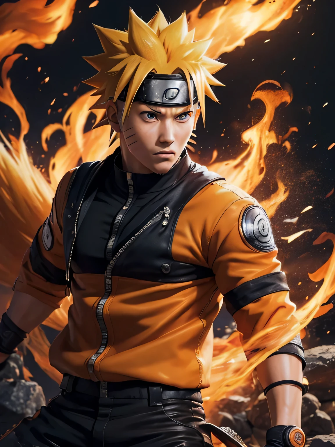 (Photorealistic:1.4) image of a Naruto Uzumaki, (top-quality, 8K, 32K, masterpiece), (dynamic pose), ((facing camera)), (looking at camera), cowboy shot, black orange clothing, depth of field f/1.8, kurama and smoked background, orange color, cinematic lighting.