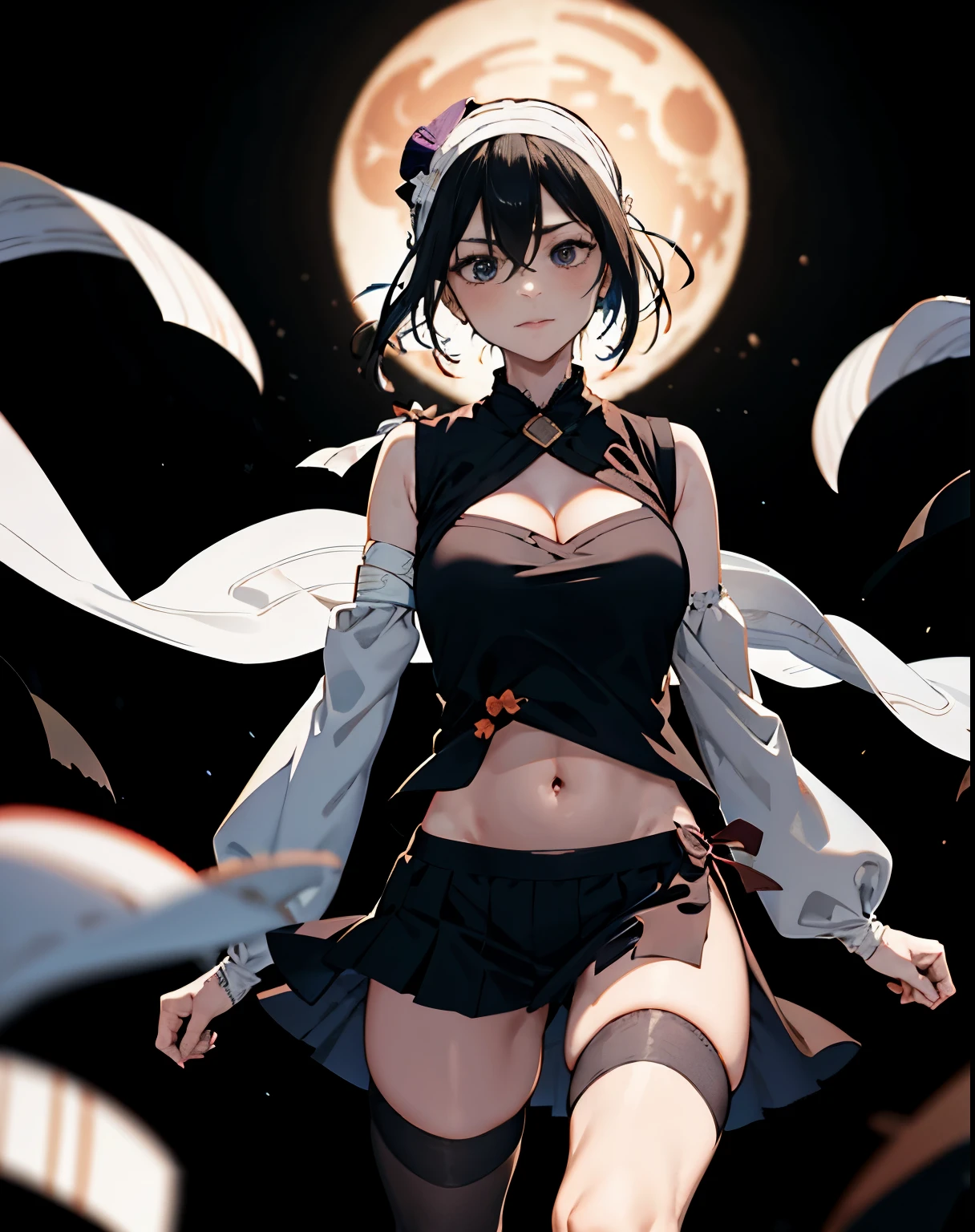 and soul、enlightenment、terrorism, naked bandage, 1 girl, big and full breasts, bandaged, belly button, solo, heart, blush, sleeves go over wrists, hair between eyes, sleeves that go over fingers, jack o lantern, look at the audience, Buttocks visible through the thighs, cleavage, clavicle, Halloween, night, null, 近いnull, 近いnull, bow, long sleeve, moon, dutch angle, Bandage arm,