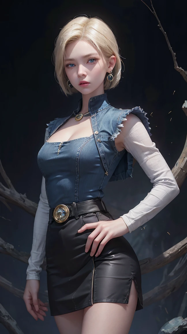 Realistic Android 18, wasp body, full, blonde hair, blue eyes, eyelashes, hoop earrings, short hair, earring, black sock, chest pocket, cleavage, collarbone, denim, denim skirt, high waist miniskirt, legs detailed, jewels, long sleeves. , pocket, shirt, tucked in shirt, skirt, stripes, striped sleeves, short vest, correct hands, large volume detailed legs. Clothes attached to the body.