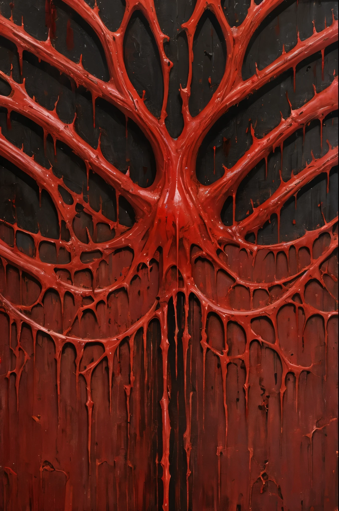 background: bloody wall of flesh with veins, black mold, rottenness, symmetry. oil painting.