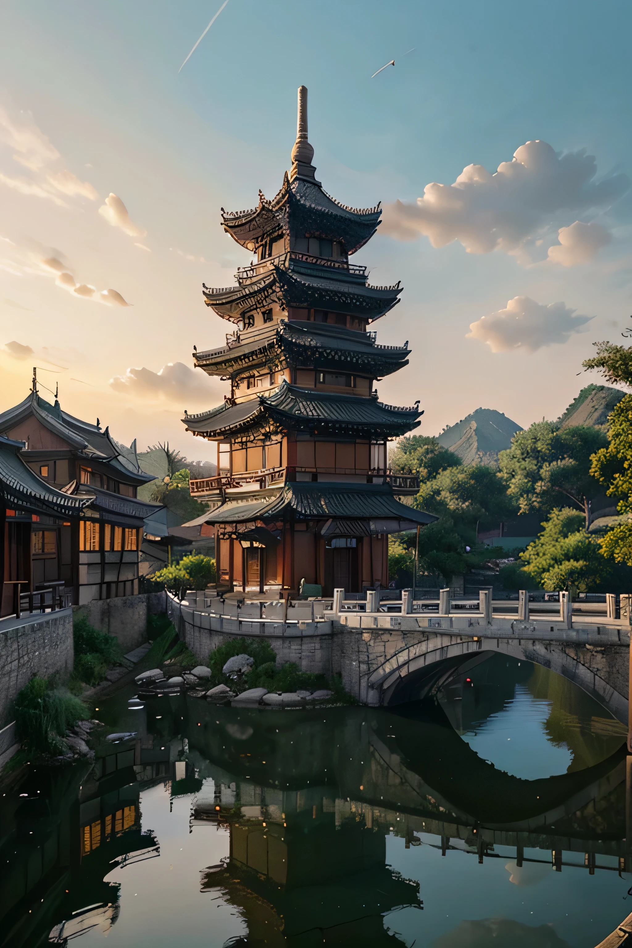 painting of a chinese village with a bridge over a river, ross tran. scenic background, digital painting of a pagoda, cyberpunk chinese ancient castle, dreamy chinese town, highly detailed digital painting, very detailed digital painting, detailed scenery —width 672, wlop and ross tran, detailed painting 4 k, detailed digital concept art, highly detailed digital artwork