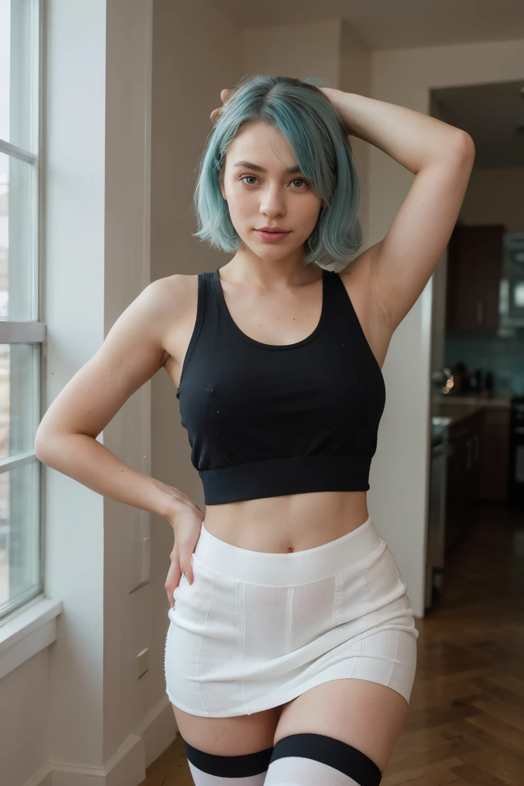 beautiful woman with turquoise hair, light freckles, standing with legs spread open, hands on waist, wearing a white skirt, black tank top inside, woolen knee length socks, slim body, fit, thick thighs, dreamy and romantic compositions