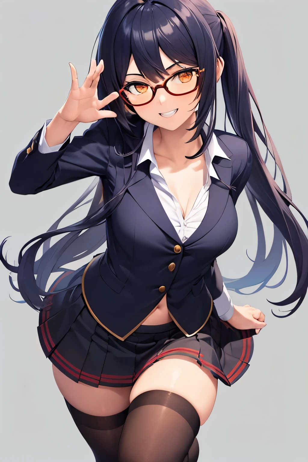 ((Best quality)), ((Masterpiece)), (detailed), perfect face,
1girl, faruzan (genshin impact), solo, skirt, glasses, smile, thighhighs, looking at viewer, collarbone, zettai ryouiki, simple background, school uniform, teeth, medium breasts, stomach, orange eyes, black hair, stockings, erotic