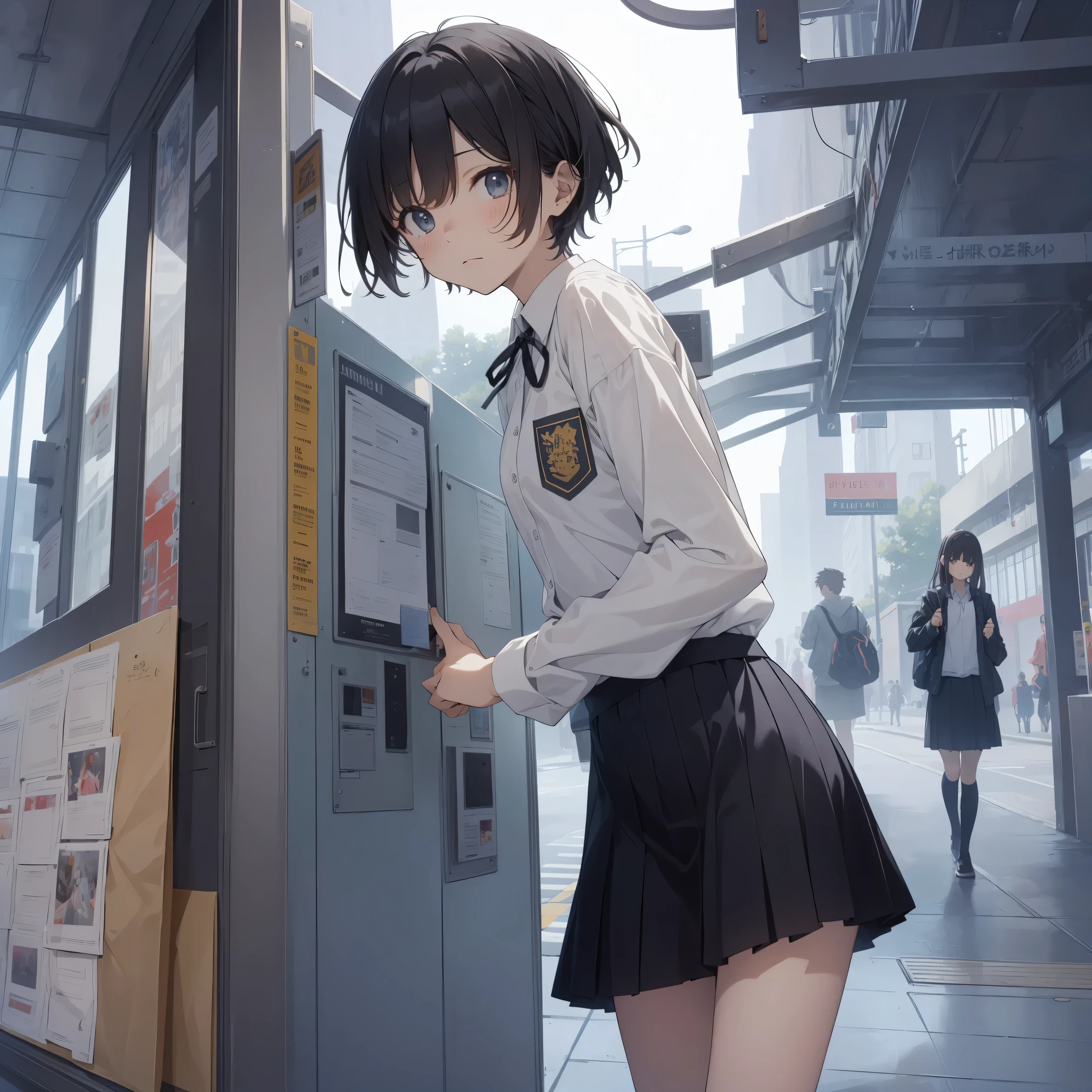 Ultra-highest quality by the art god, super detailed, High resolution, anime moe art style, Best Anime 8K Kona-chan Wallpaper, pixiv contest winner, perfect anatomy, break,(眠そうにalone学校へ行く女の子を描いてください. )break,1 girl, (alone,little woman, , :1.3),All limbs, full finger,, The charm of an immature body, (very short hair), bangs, flat chest, Small Bodysuits, small ass, between legs, small black eyes, detailed and beautiful eyes, Well-proportioned iris and pupils, expressive eyes, High resolutionの詳細な髪, ribbon, neck ribbon, skirt, collared shirt, pleated skirt, school uniform, school bag,(detailed lighting), (detailed background), On the way to school. break,super dense skin, Best lighting by famous artists, 8k, cute illustration,Hmm, rough skin,Absurd Hi-Res