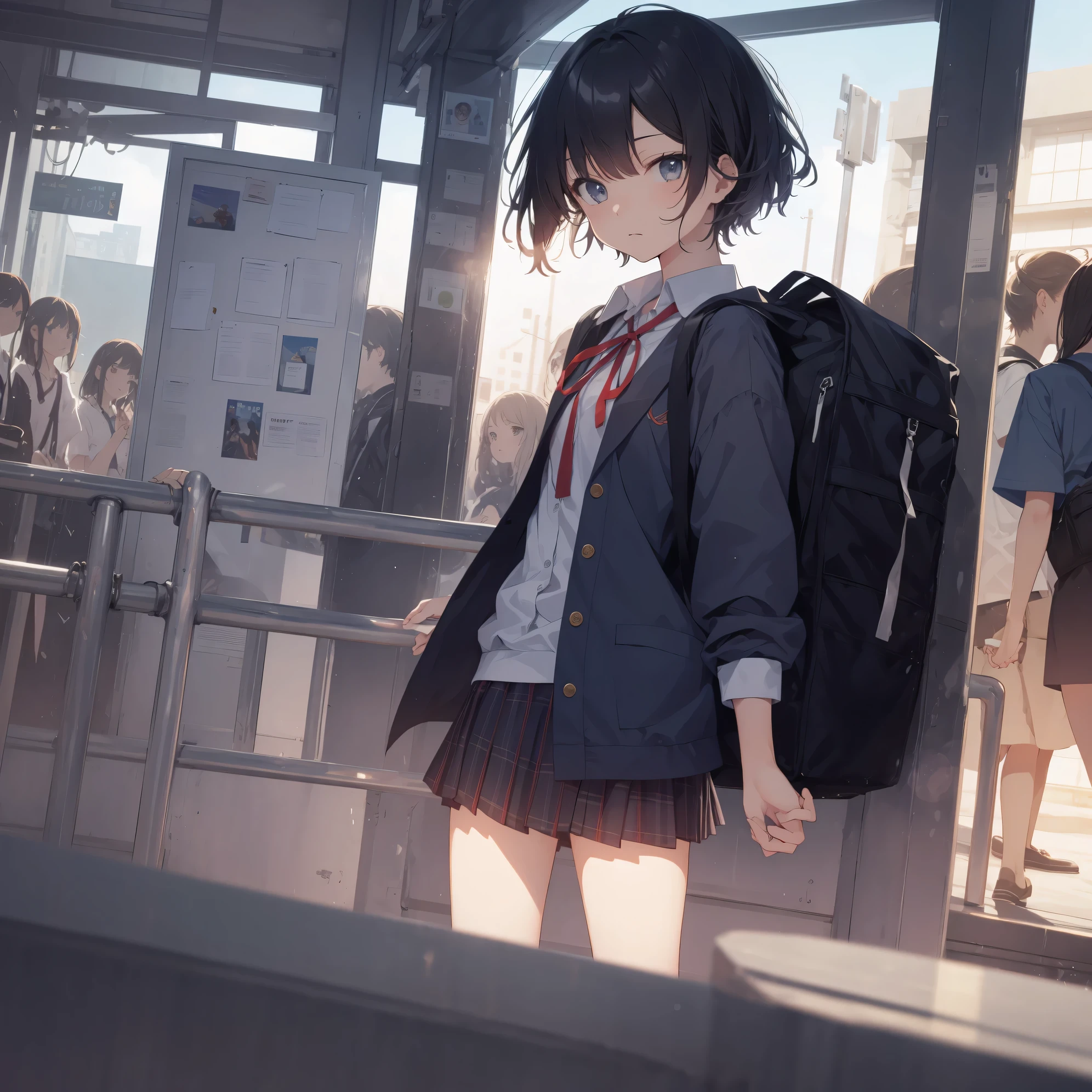Ultra-highest quality by the art god, super detailed, High resolution, anime moe art style, Best Anime 8K Kona-chan Wallpaper, pixiv contest winner, perfect anatomy, break,(眠そうにalone学校へ行く女の子を描いてください. )break,1 girl, (alone,little woman, , 13 years old:1.3),All limbs, full finger,, The charm of an immature body, (very short hair), bangs, flat chest, Small Bodysuits, small ass, between legs, small black eyes, detailed and beautiful eyes, Well-proportioned iris and pupils, expressive eyes, High resolutionの詳細な髪, ribbon, neck ribbon, skirt, collared shirt, pleated skirt, school uniform, school bag,(detailed lighting), (detailed background), On the way to school. break,super dense skin, Best lighting by famous artists, 8k, cute illustration,Hmm, rough skin,Absurd Hi-Res