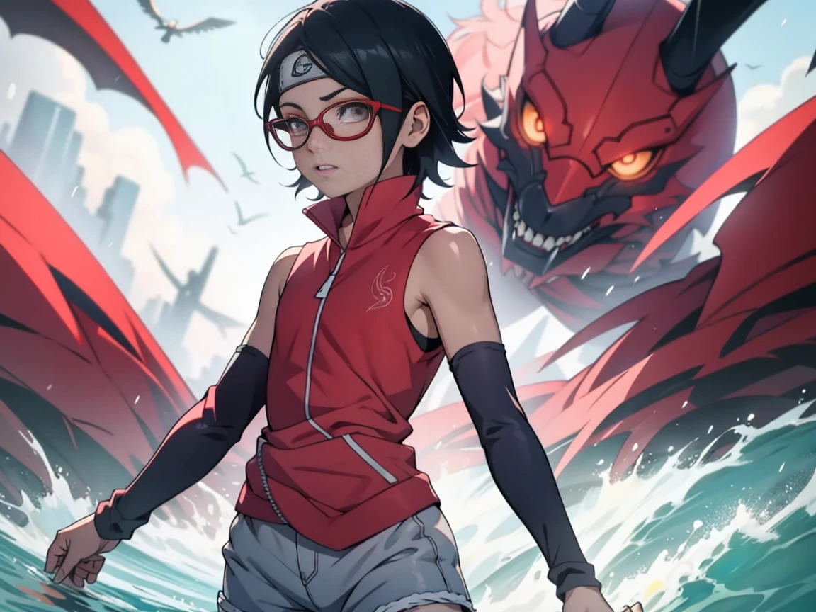 1 garota,Desde abaixo, Standing, Sarada Uchiha, gafas,Coxas Pretas,arm warmers, Intensificador de testa, shorts, pelo corto, tiny chest, olhos pretos, quadris pequenos, bunda pequena, captura de tela do anime, hentai, sexo, 