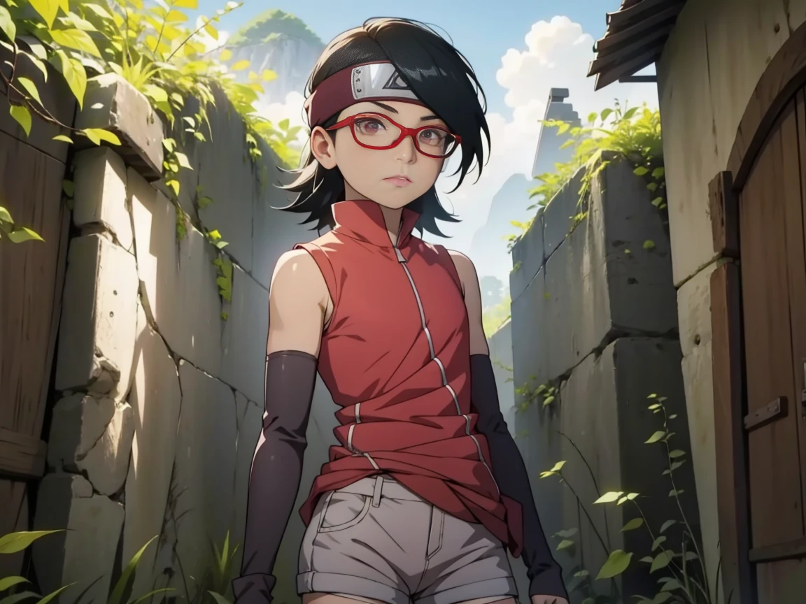 1 garota,Desde abaixo, Standing, Sarada Uchiha, gafas,Coxas Pretas,arm warmers, Intensificador de testa, shorts, pelo corto, tiny chest, olhos pretos, quadris pequenos, bunda pequena, captura de tela do anime, , sexo, 