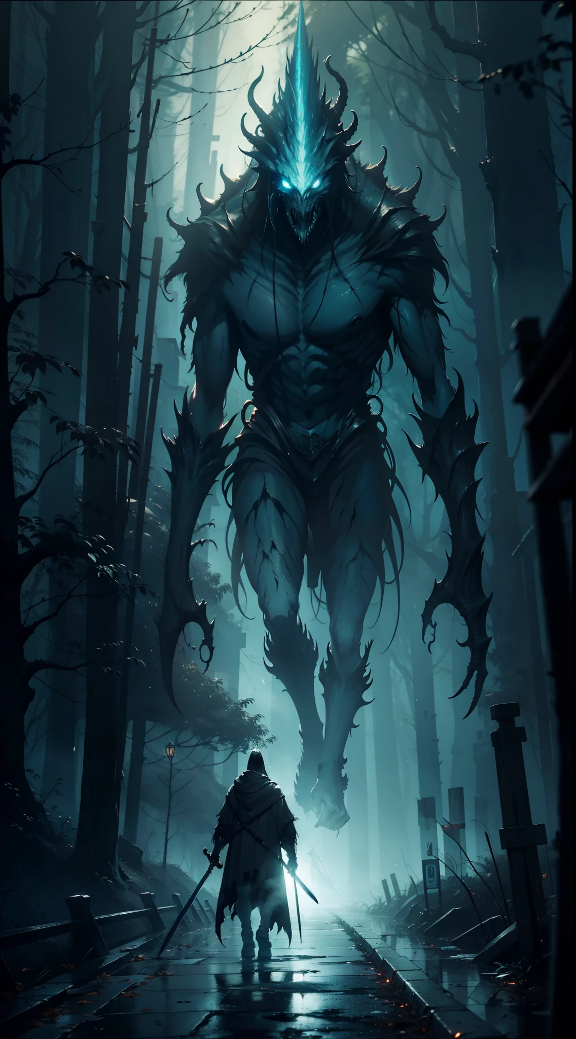 person in street holding a sword, arafed monster walking down a road in the fog, a creature 5 meters tall, giant ethereal creature, looming creature with a long, huge creature, gigantic creature, mysterious creature, scary creature, low visibility creepy, great old one, swamp monster, dark fog surrounds him, cryptids, eerie!