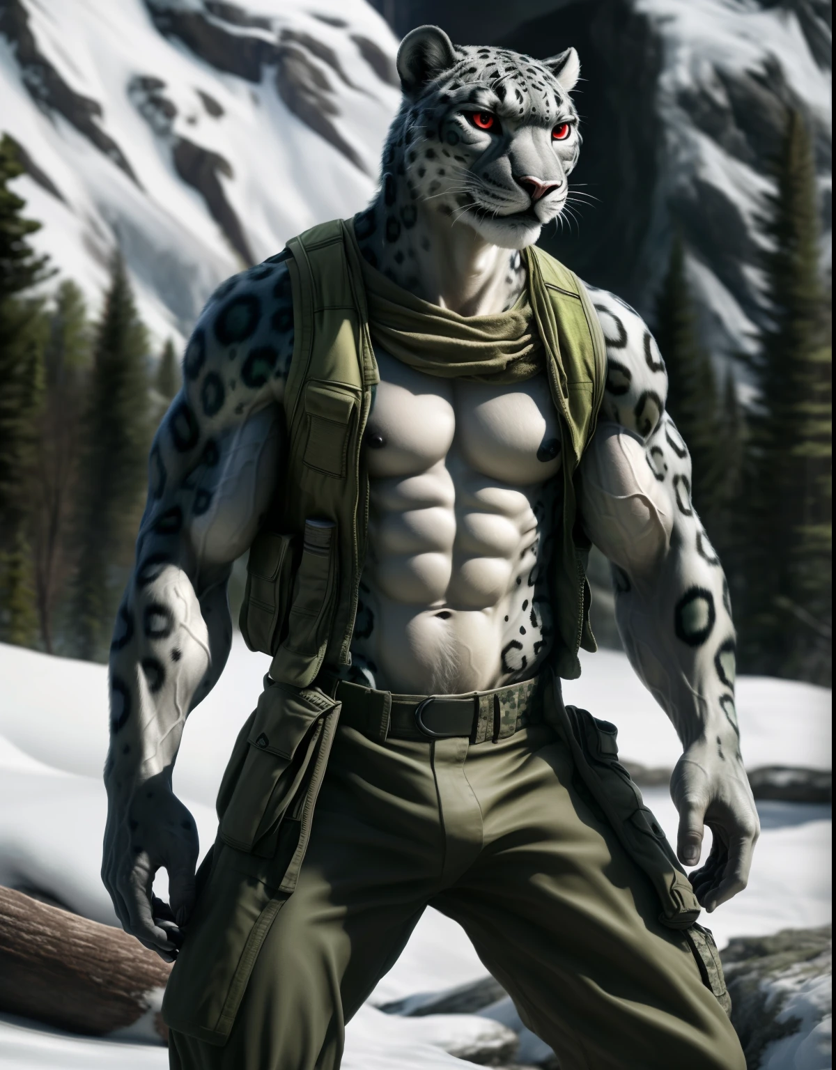anthro, snow leopard, solo, male, adult, veiny muscles, muscular, military pants, realistic scales, detailed background, wilderness background, realistic, photorealistic, ultra realistic, 8k, bare-chested, short green vest, black , red eyes