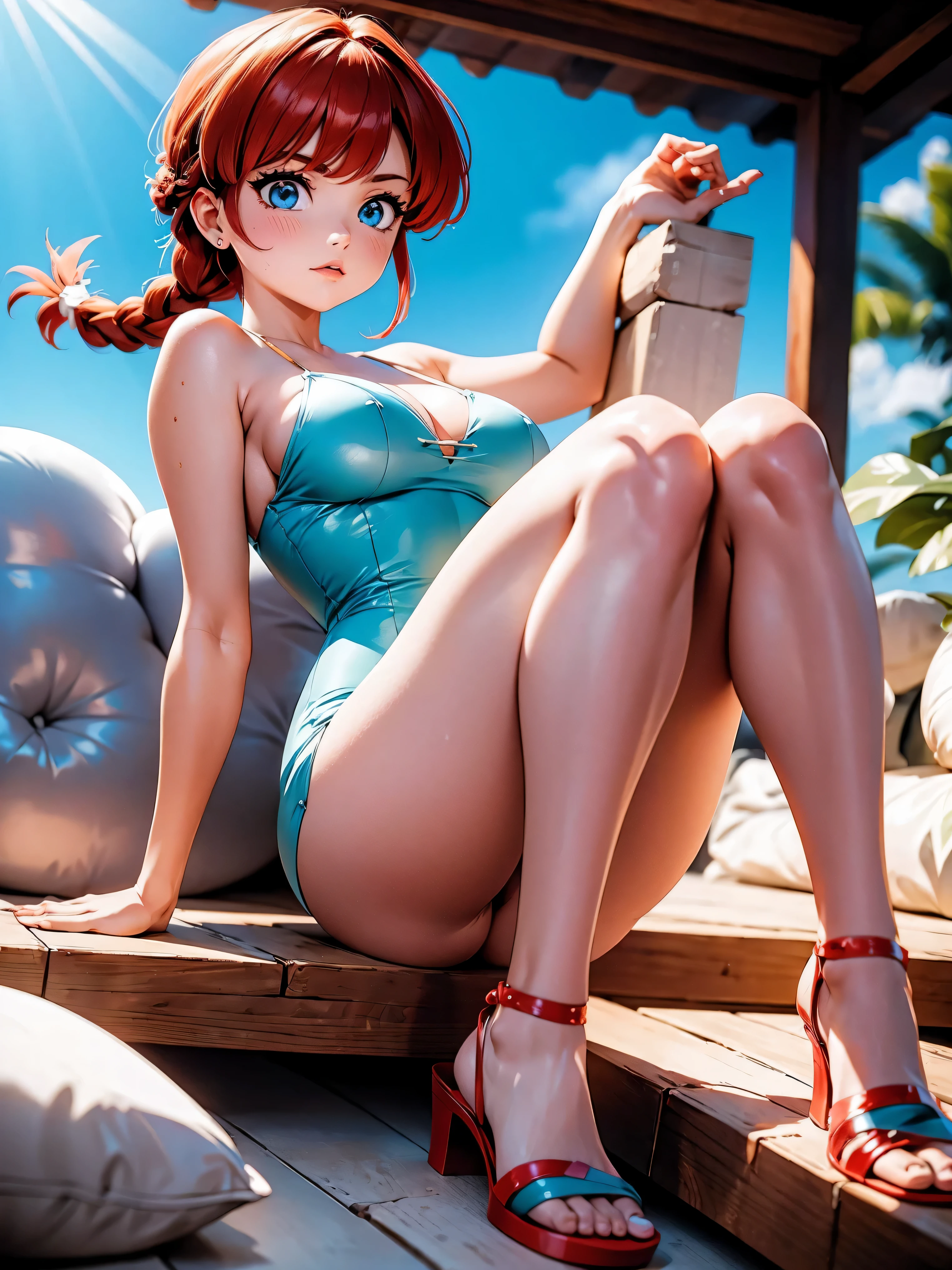 Garota anime ruiva com vestido longo branco de casamento e orelhas de coelho, saia, , corpo bonito, seios grandes, with hands behind head, running your hands through your hair, Garota sexy, red short hair with braid, mechas de cabelo laterais, mechas de cabelo na lateral do rosto, beautiful lighting, sombras suaves, olhos azuis, pernas bonitas, short hair with braid, estilo anime, Ranma Chan, Autora Rumiko Takahashi, Baseado em obra de Rumiko Takahashi, Anime Ranma 1/ 2, decote sexy, quadril robusto, corpo inteiro, corpo inteiro, busto grande, garota jovem com corpo belo e bonito, sandals on his feet, garota 16 anosbaixa estatura, usando vestido longo branco e orelhas de coelho, garota anime, estilo anime, beautiful feet in sandals, 45° viewing angle, ao ar livre, red hair braid