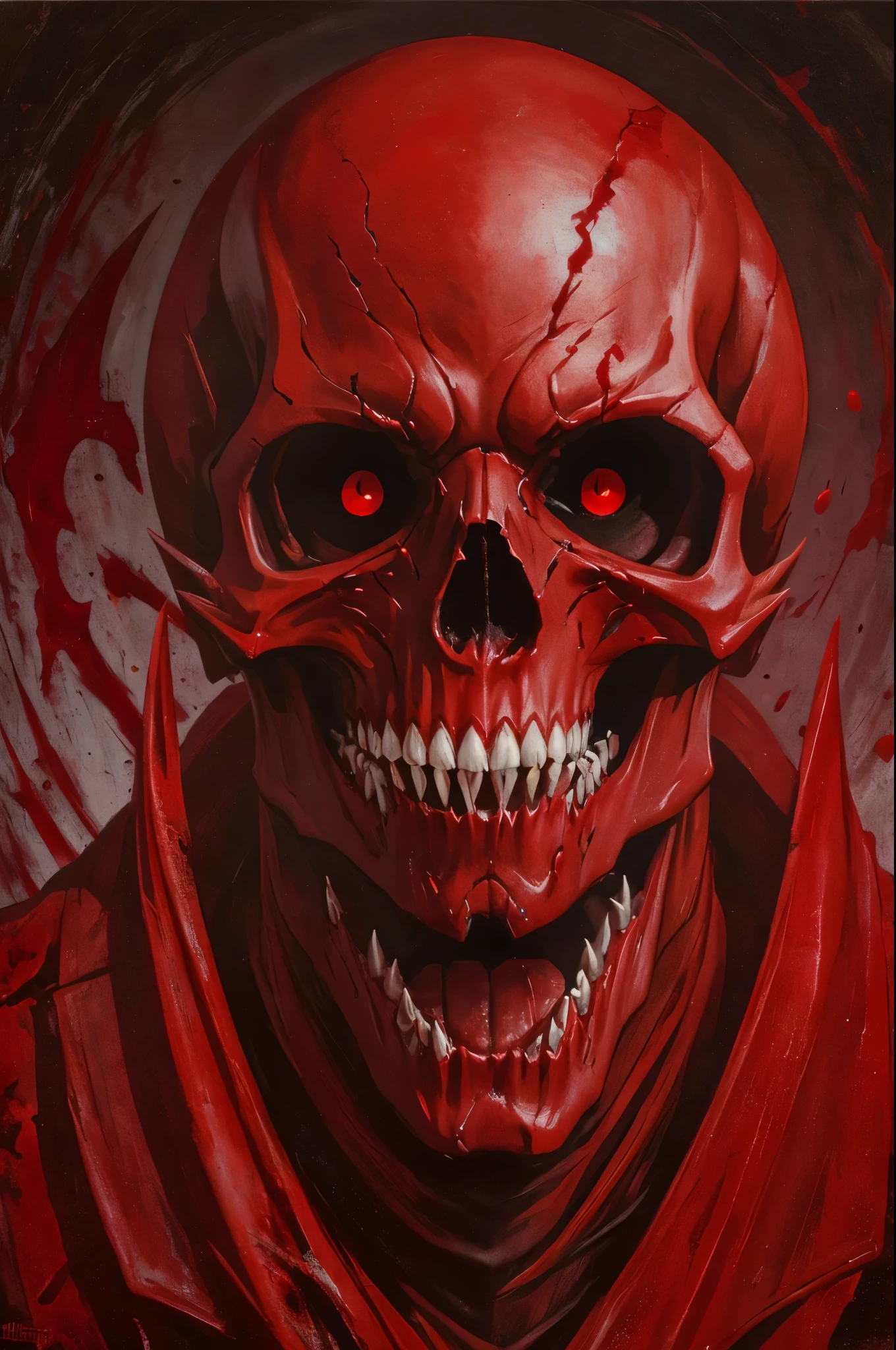 Blood red skull. The skull is covered in blood and covered with muscles and veins, vampire fangs near the skull, symmetry, jaw wide open, horror, darkness, oil painting.