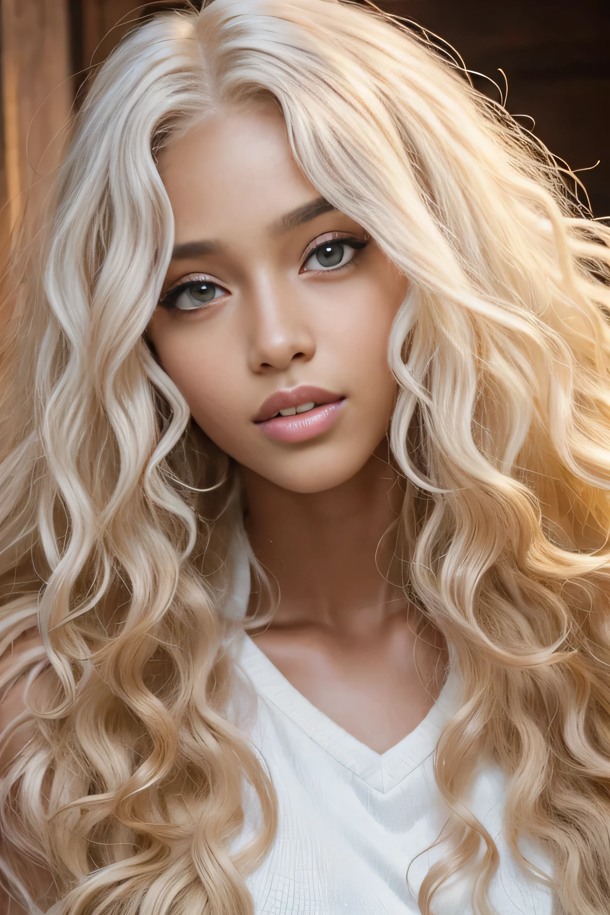 masterpiece, best quality, beautiful 19 year old, brown skin female, long wild, frizzy curly white hair, perfect face