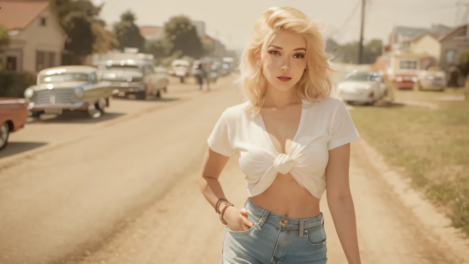 Beautiful 50s, pinup girl, blonde, white knotted shirt, denim shorts, tits showing, no bra, suburban road, vintage cars in the distance