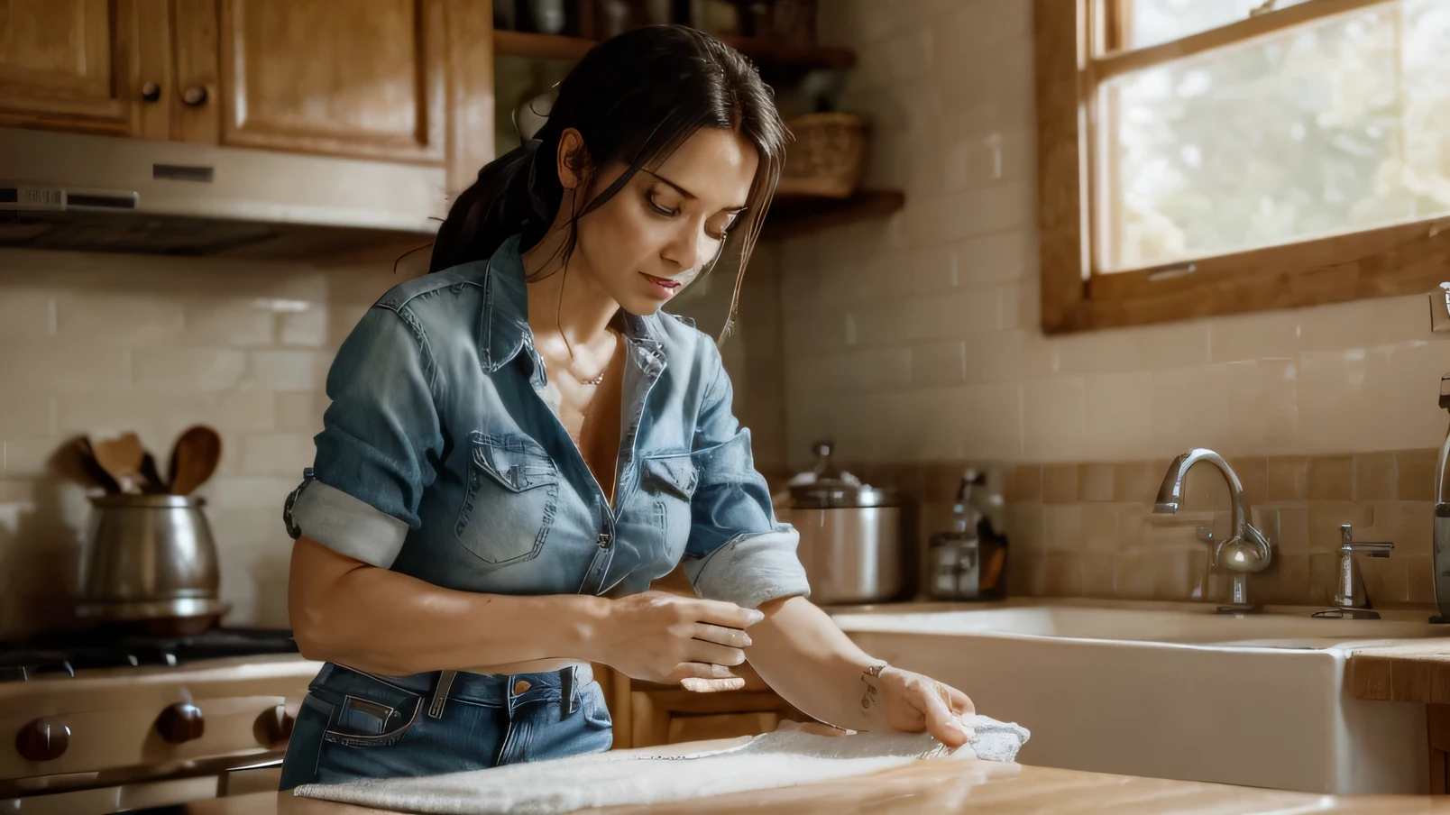 Beautiful, lara croft, button up checkerd shirt, denim shorts, washing dishes, whole body visible, housewife, house chores, kitchen, labor, working hard