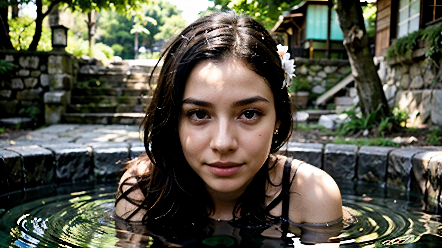 girl portrait, pencil, watercolor, Natural landscape background、hot spring、open-air bath、Gabriele Delrotte、(High resolution:1.2),fine eyes,detailed lips,natural elegance、cherry blossoms、confidence、unique personality、naturalbody、Simple yet elegant makeup、Classic fashion、relaxed attitude、Upper body、It's raining heavily、It's wet、a woman posing with a grey top wet, in the style of matte photo, bloomcore, intense gaze, hispanicore, french countryside, rtx on, candid celebrity shots