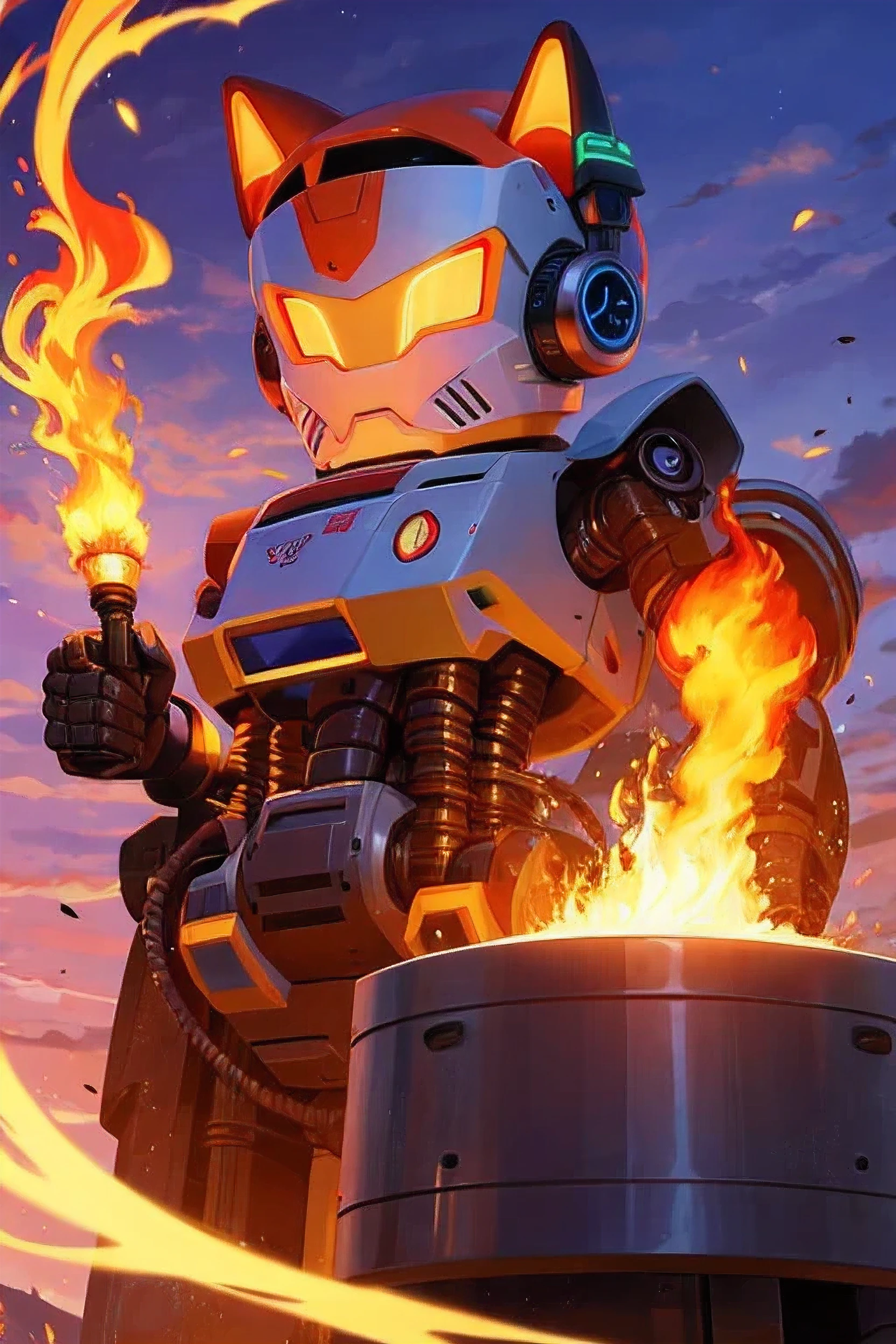UNA RATA MONTADO EN UN ROBOT MECANIZADO BOTANDO FUEGO