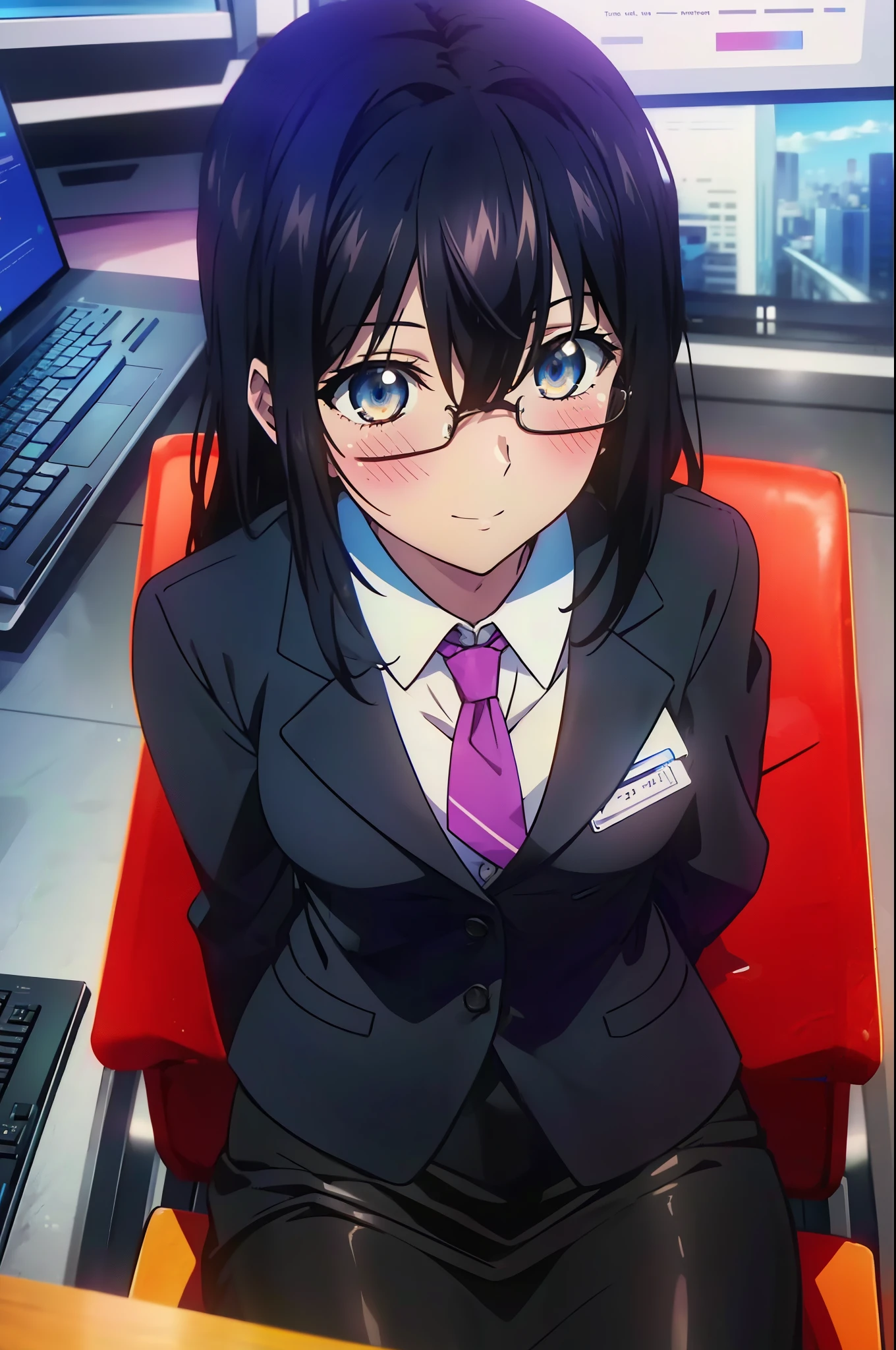 yukina, 1 girl, alone, , search, medium long hair, bangs, black hair, above the ribs, eyes between hair, brown eyes, OL, red glasses, end, black suit jacket, collared jacket, white dress shirt, collared shirt, neckline, button, strap, ID card on neck, black pencil skirt, black pantyhose, stiletto heels,charm, Mechanical,On a computer,sitting in a chair, interior,touch typing , destroy the interior, office,smile, blush, whole body, city,building street,morning日,morning,Light of the sun,(cowboy shot:1. 5),(masterpiece:1.2), highest quality, High resolution, unity 8k wallpaper, (shape:0.8), (beautiful and detailed eyes:1.6), highly detailed face, perfect lighting, Very detailed CG, (perfect hands, perfect anatomy),