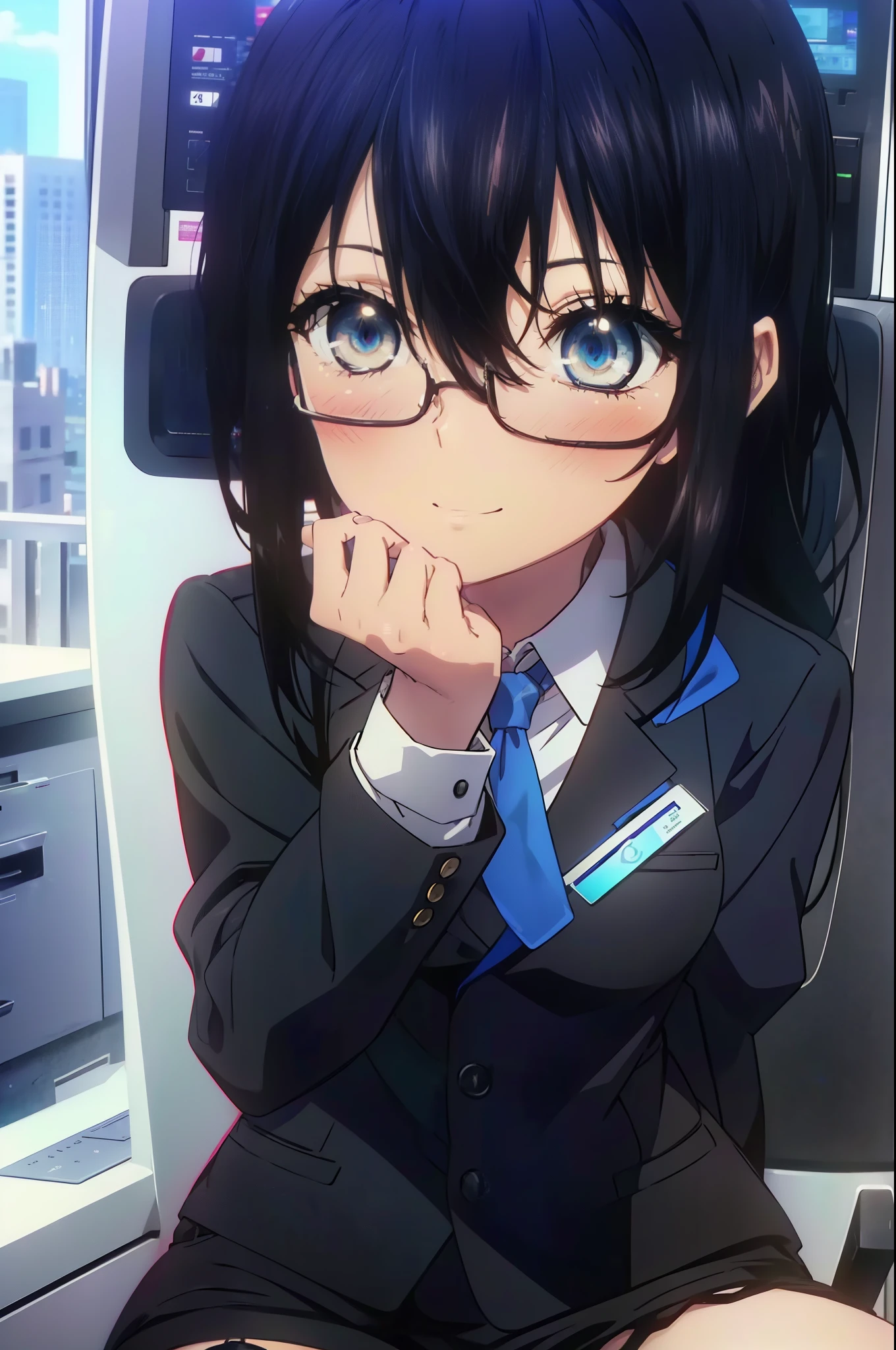 yukina, 1 girl, alone, , search, medium long hair, bangs, black hair, above the ribs, eyes between hair, brown eyes, OL, red glasses, end, black suit jacket, collared jacket, white dress shirt, collared shirt, neckline, button, strap, ID card on neck, black pencil skirt, black pantyhose, stiletto heels,charm, Mechanical,On a computer,sitting in a chair, interior,touch typing , destroy the interior, office,smile, blush, whole body, city,building street,morning日,morning,Light of the sun,(cowboy shot:1. 5),(masterpiece:1.2), highest quality, High resolution, unity 8k wallpaper, (shape:0.8), (beautiful and detailed eyes:1.6), highly detailed face, perfect lighting, Very detailed CG, (perfect hands, perfect anatomy),