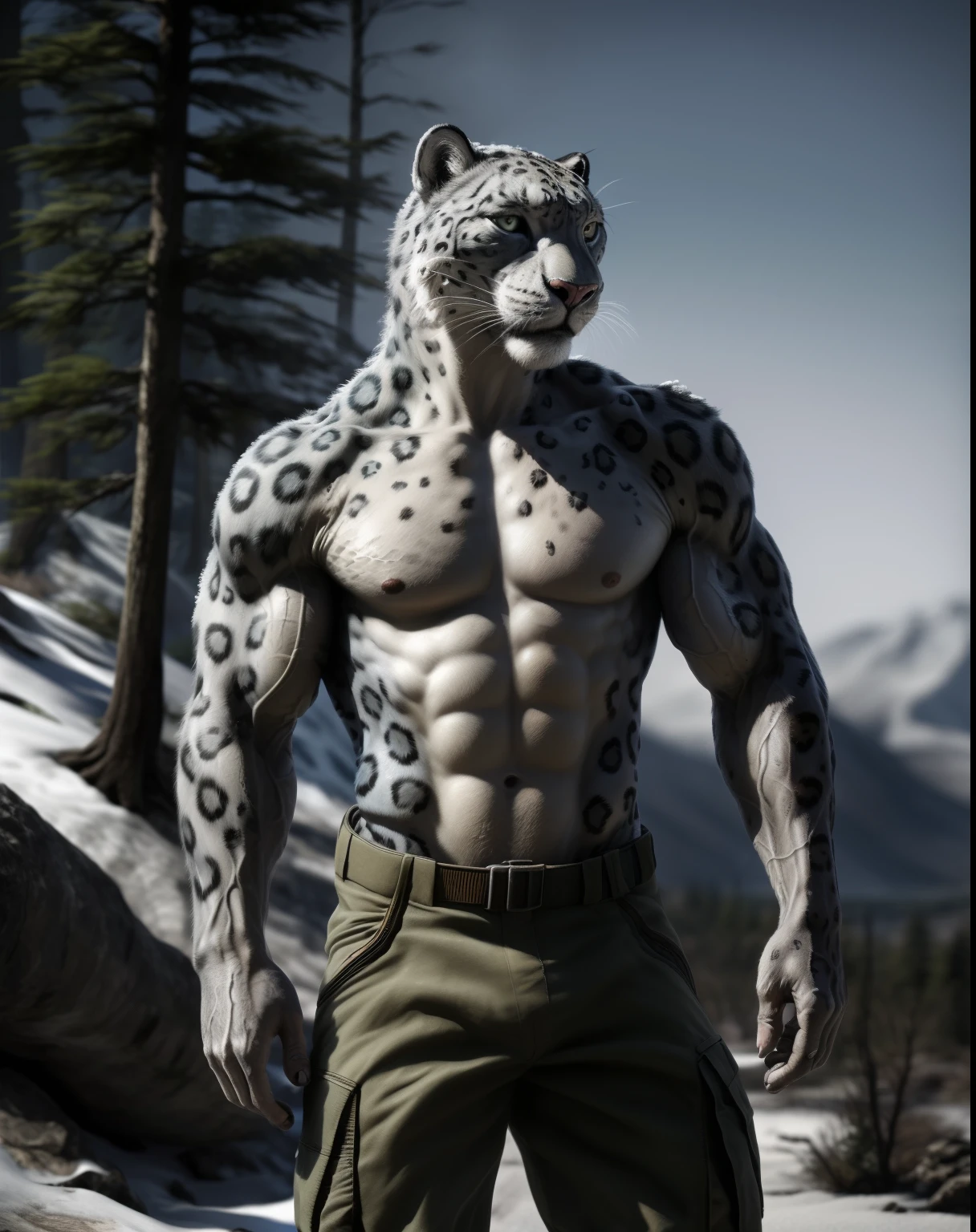 anthro, snow leopard, solo, male, adult, veiny muscles, muscular, military pants, realistic scales, detailed background, wilderness background, realistic, photorealistic, ultra realistic, 8k, bare-chested 