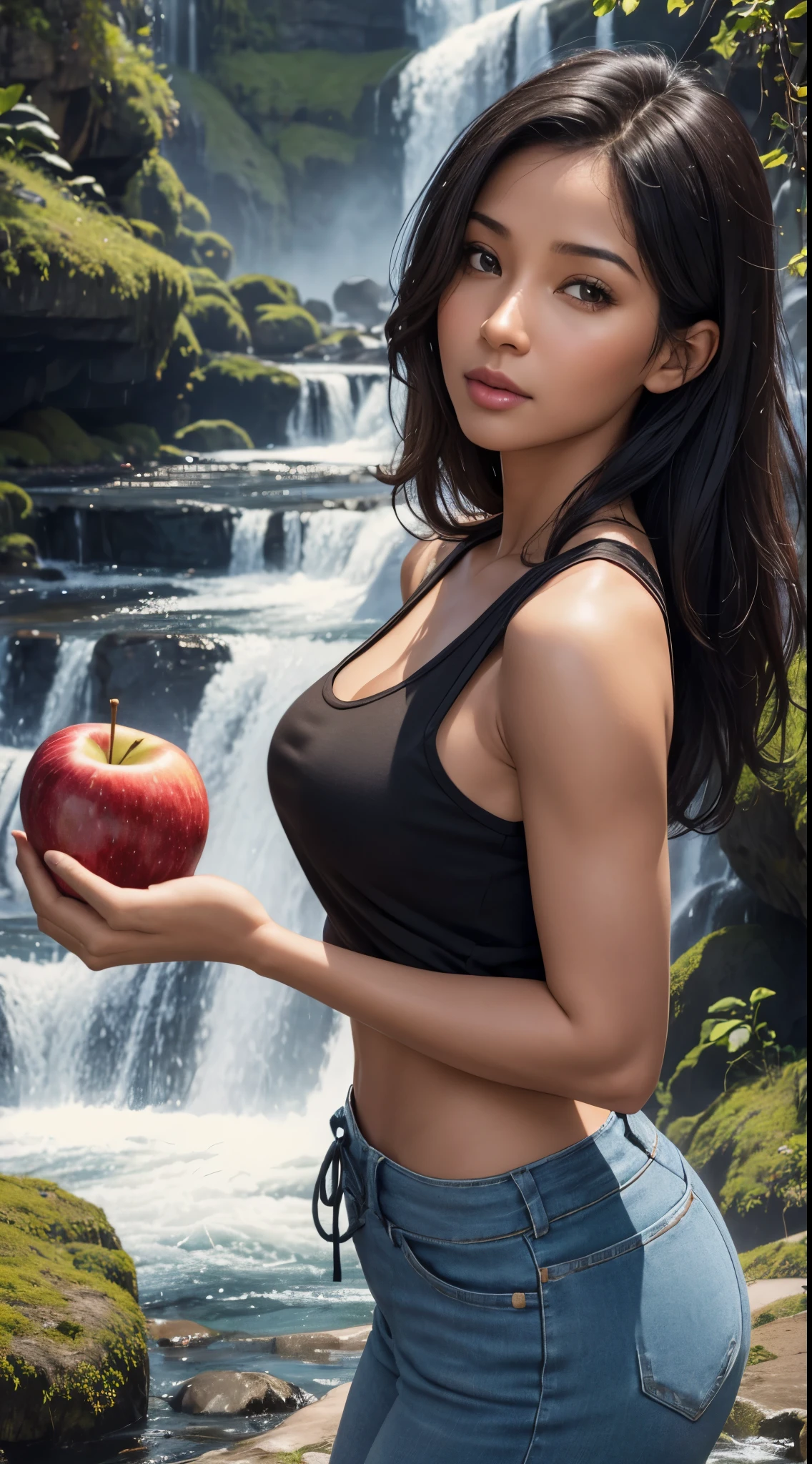 Women 35 years old, Photography, high resolution, tanktop tshirt, realistic skin, brown skin, black hair, hold apple fruit, amazon backroun with beautifull waterfall,