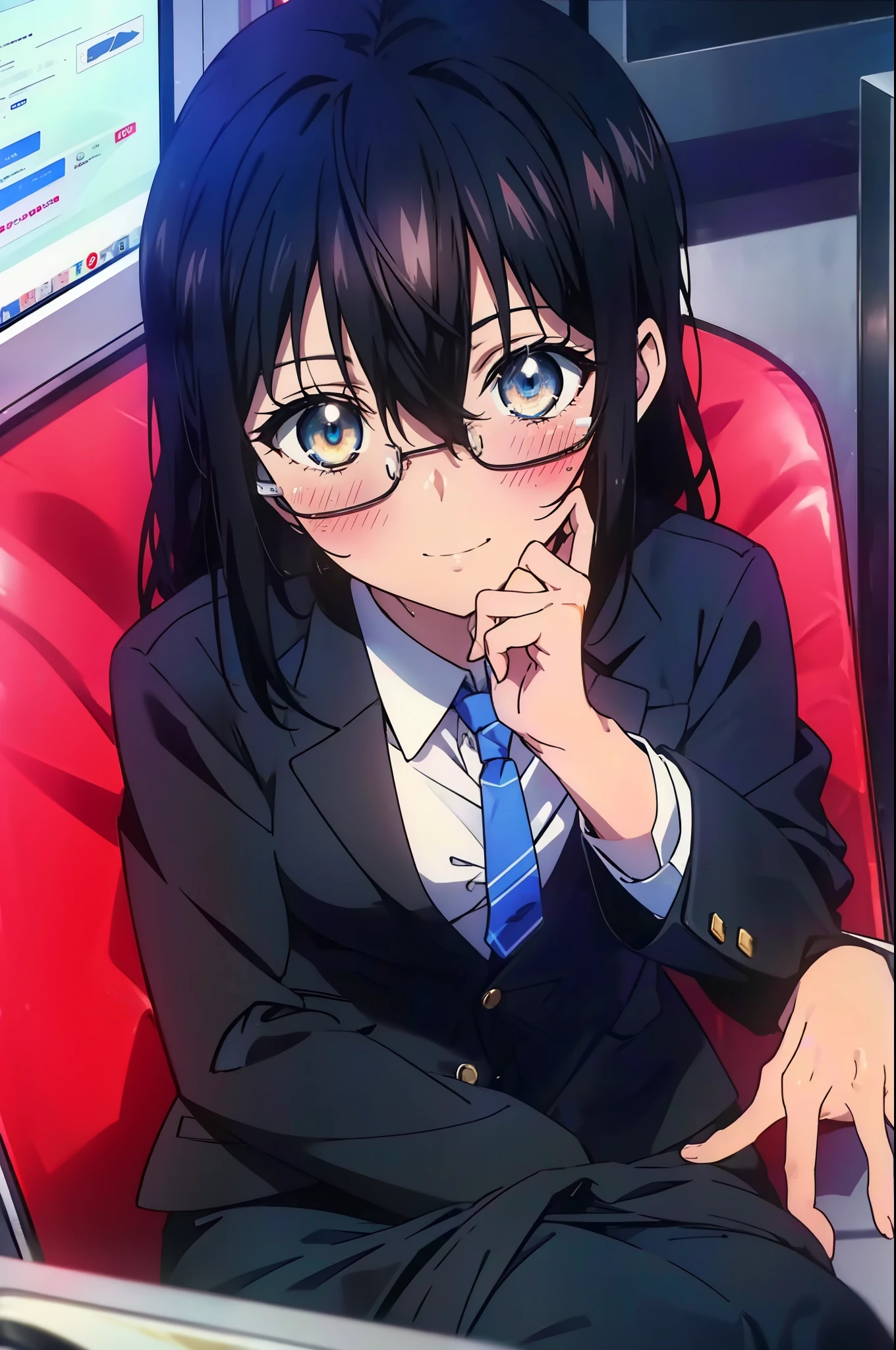 yukina, 1 girl, alone, , search, medium long hair, bangs, black hair, above the ribs, eyes between hair, brown eyes, OL, red glasses, end, black suit jacket, collared jacket, white dress shirt, collared shirt, neckline, button, strap, ID card on neck, black pencil skirt, black pantyhose, stiletto heels,charm, Mechanical,On a computer,sitting in a chair, interior,touch typing , destroy the interior, office,smile, blush, whole body, city,building street,morning日,morning,Light of the sun,(cowboy shot:1. 5),(masterpiece:1.2), highest quality, High resolution, unity 8k wallpaper, (shape:0.8), (beautiful and detailed eyes:1.6), highly detailed face, perfect lighting, Very detailed CG, (perfect hands, perfect anatomy),