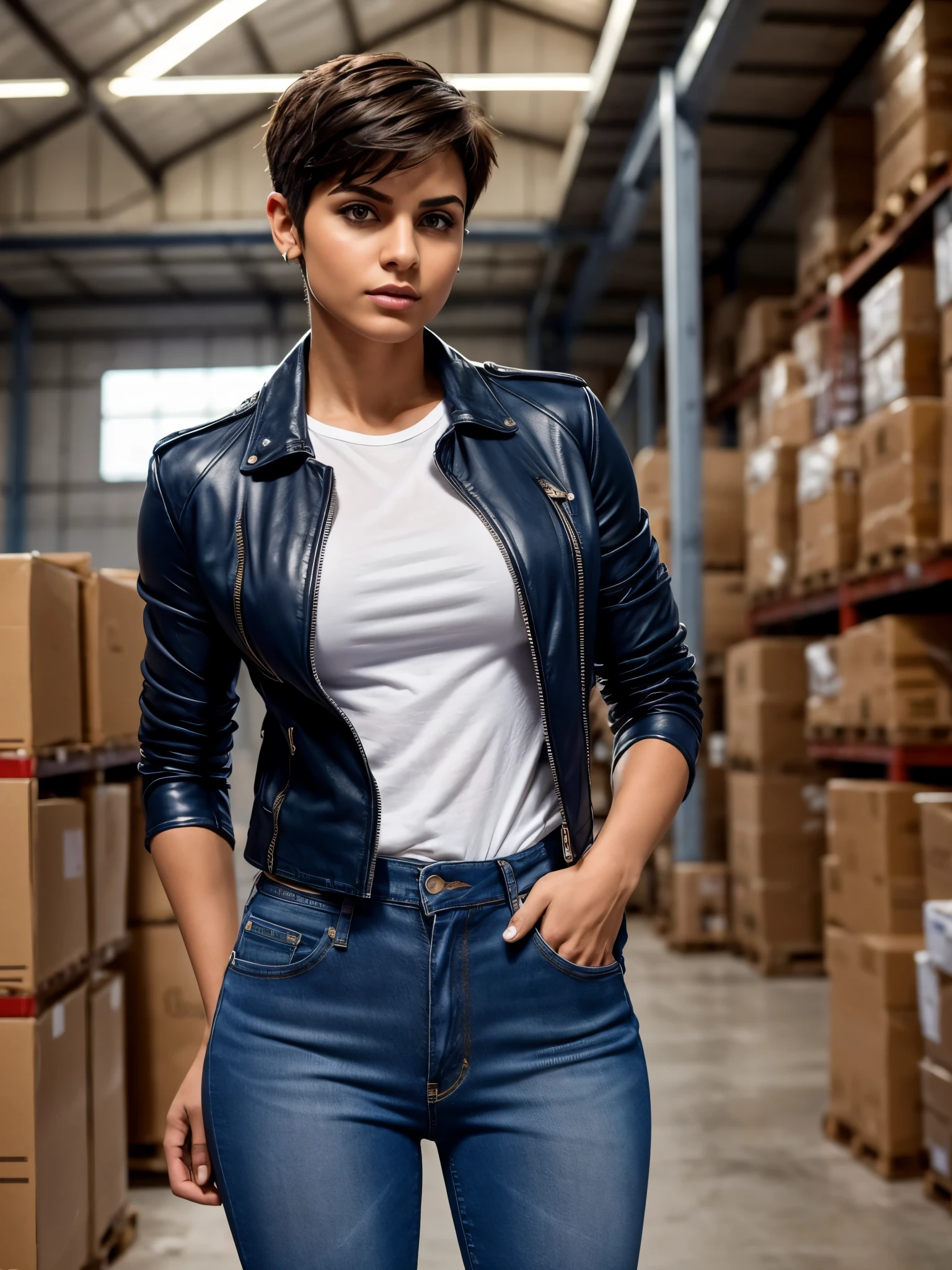 Generate an image of a hugely muscular, pixie-cut Arabian woman confidently standing in a warehouse. She possesses massive muscles, wears men's blue long jeans, a white oversized t-shirt, and a black leather jacket. Her assertive stance exudes masculinity and strength, with a rough, masculine face and gestures, emanating cool vibes with a fierce expression.