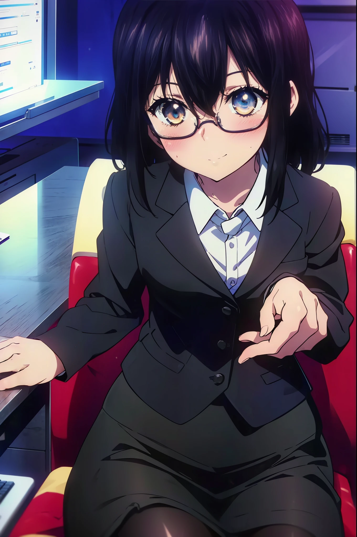 yukina, 1 girl, alone, , search, medium long hair, bangs, black hair, above the ribs, eyes between hair, brown eyes, OL, red glasses, end, black suit jacket, collared jacket, white dress shirt, collared shirt, neckline, button, strap, ID card on neck, black pencil skirt, black pantyhose, stiletto heels,charm, Mechanical,On a computer,sitting in a chair, interior,touch typing , destroy the interior, office,smile, blush, whole body, city,building street,morning日,morning,Light of the sun,(cowboy shot:1. 5),(masterpiece:1.2), highest quality, High resolution, unity 8k wallpaper, (shape:0.8), (beautiful and detailed eyes:1.6), highly detailed face, perfect lighting, Very detailed CG, (perfect hands, perfect anatomy),