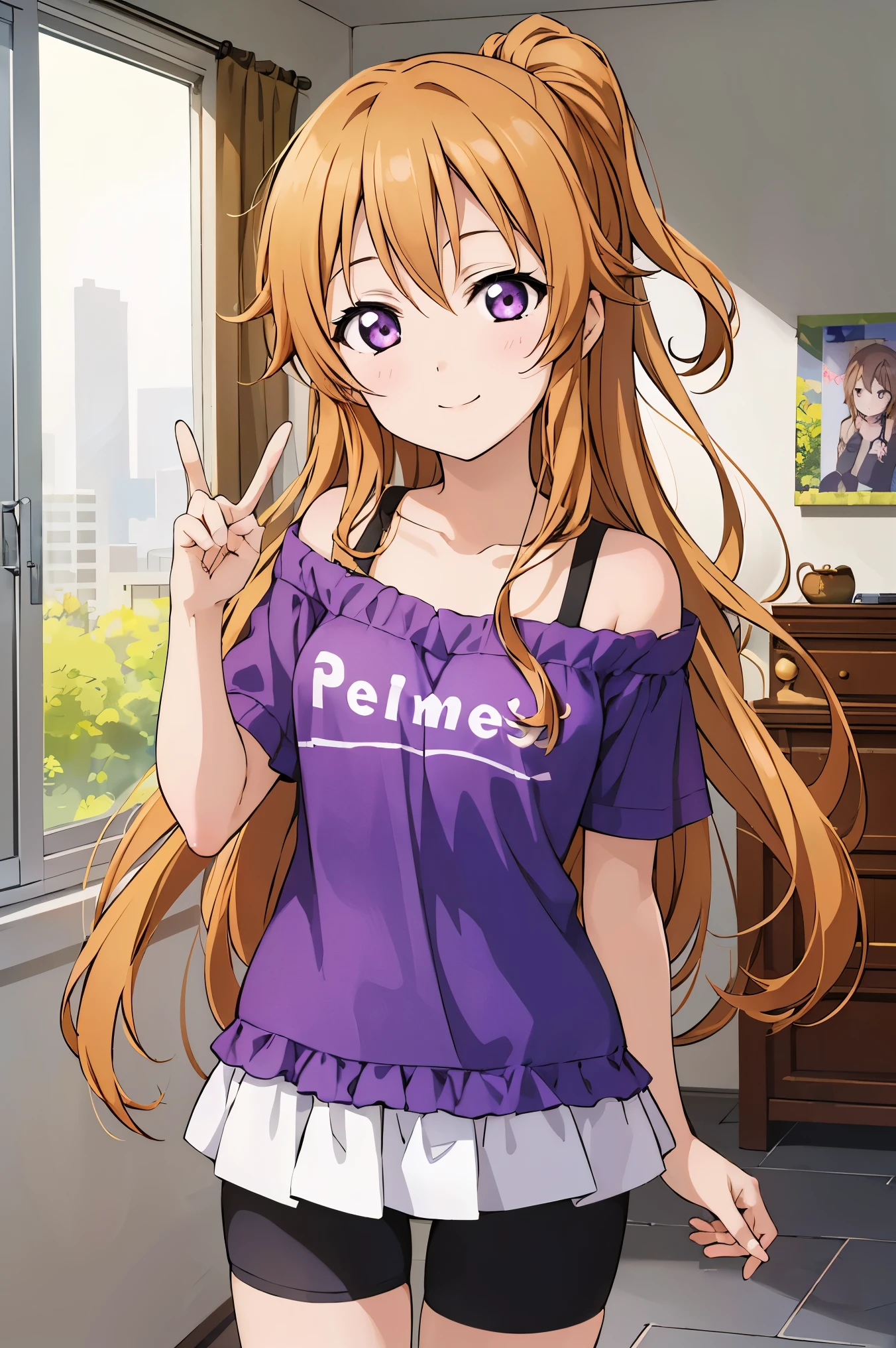 (best quality, masterpiece:1.2), (1girl, solo:1.2), cute, smile, detailed background, (looking at viewer, solo focus:1.2),
Kanata konoe, long hair, straight hair, purple eyes, blonde hair, off shoulder, purple shirt, short sleeves, bike shorts, standing, two peace sign, solo focus,