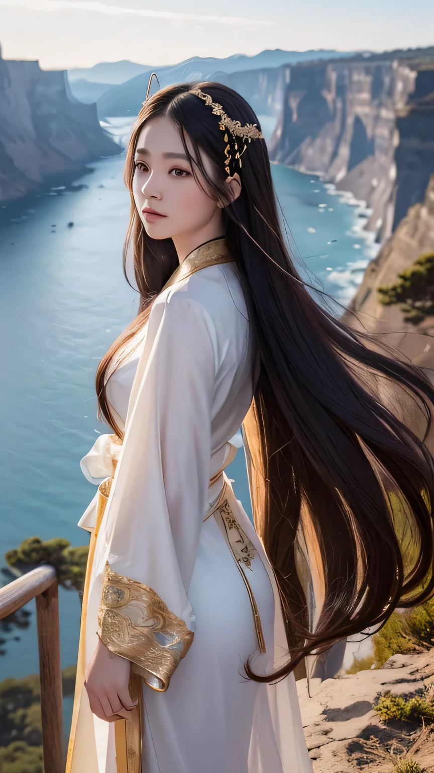 A woman in a white dress standing on a cliff overlooking the ocean ...