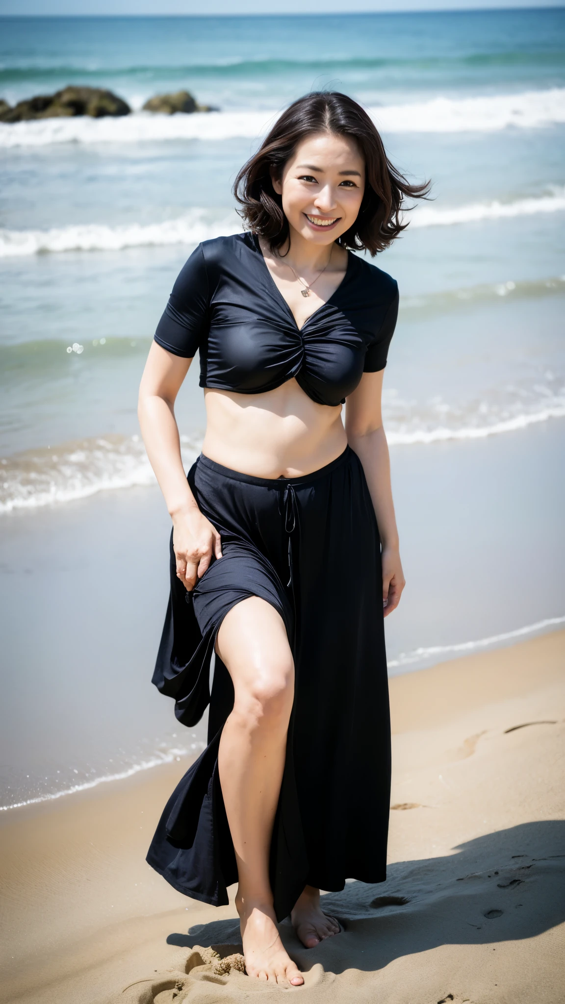 ((highest quality、8k、masterpiece:1.3))、sharp focus, High level image quality, High resolution, portrait, alone, Japanese, middle-aged women, beautiful woman, 48 years old, wavy hair, big t-shirt, beach, dark makeup, wrinkles around the eyes, bewitching look, Wet, barefoot、belly button、mouth is open、laughter、sandy beach、small breasts、Have fun、bob hair、necklace、wedding ring、leaning forward、close the chest、Datchno's pose