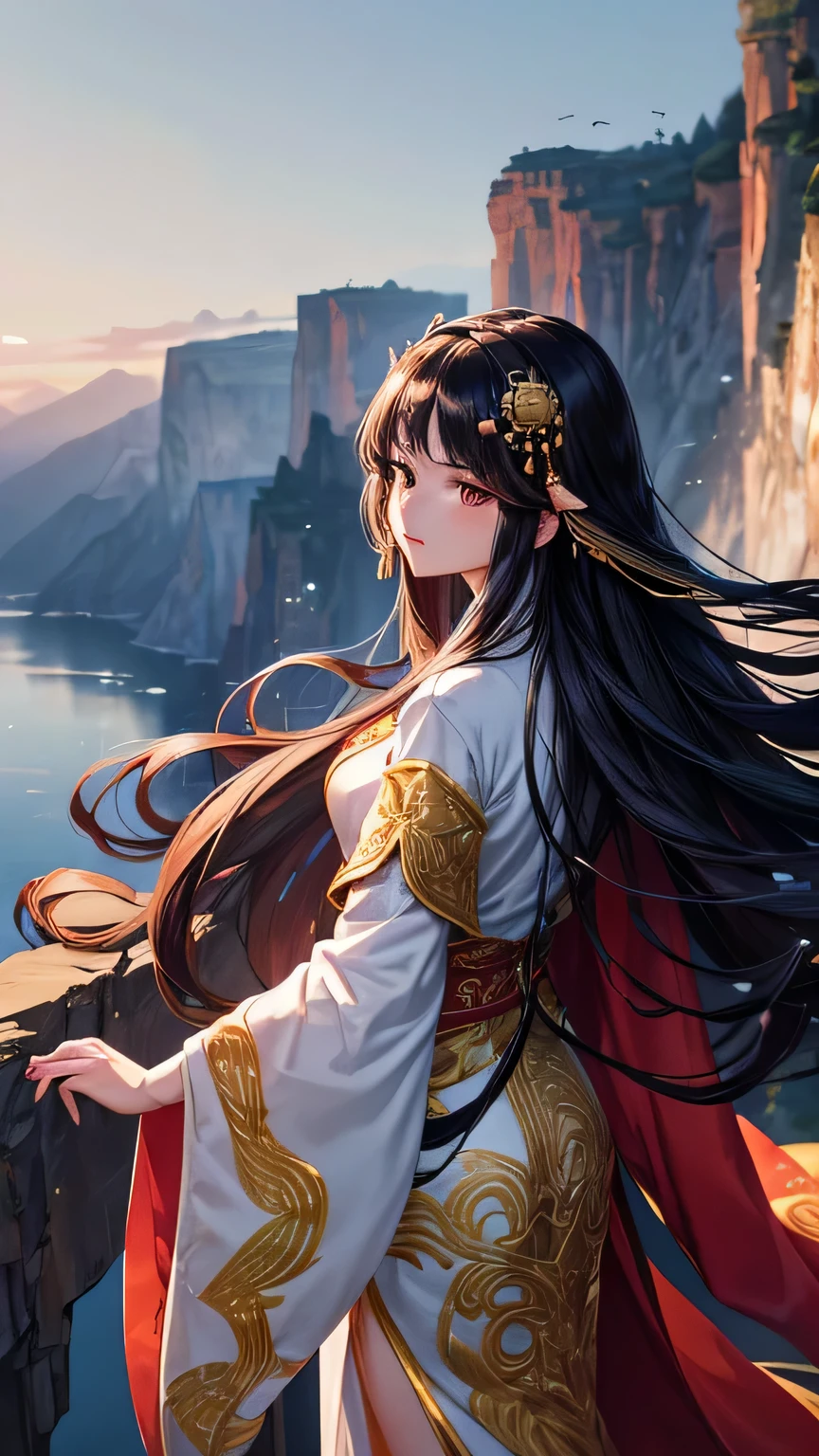 1 girl, (long dark hair secured with ornate hairpins), (wearing long silky, flowing chinese robes), semi-transparent clothes, ((hair and clothes blowing in the wind)), ((standing near the edge of a cliff)), tall snowy mountains in the background, sunlight streaming through her hair