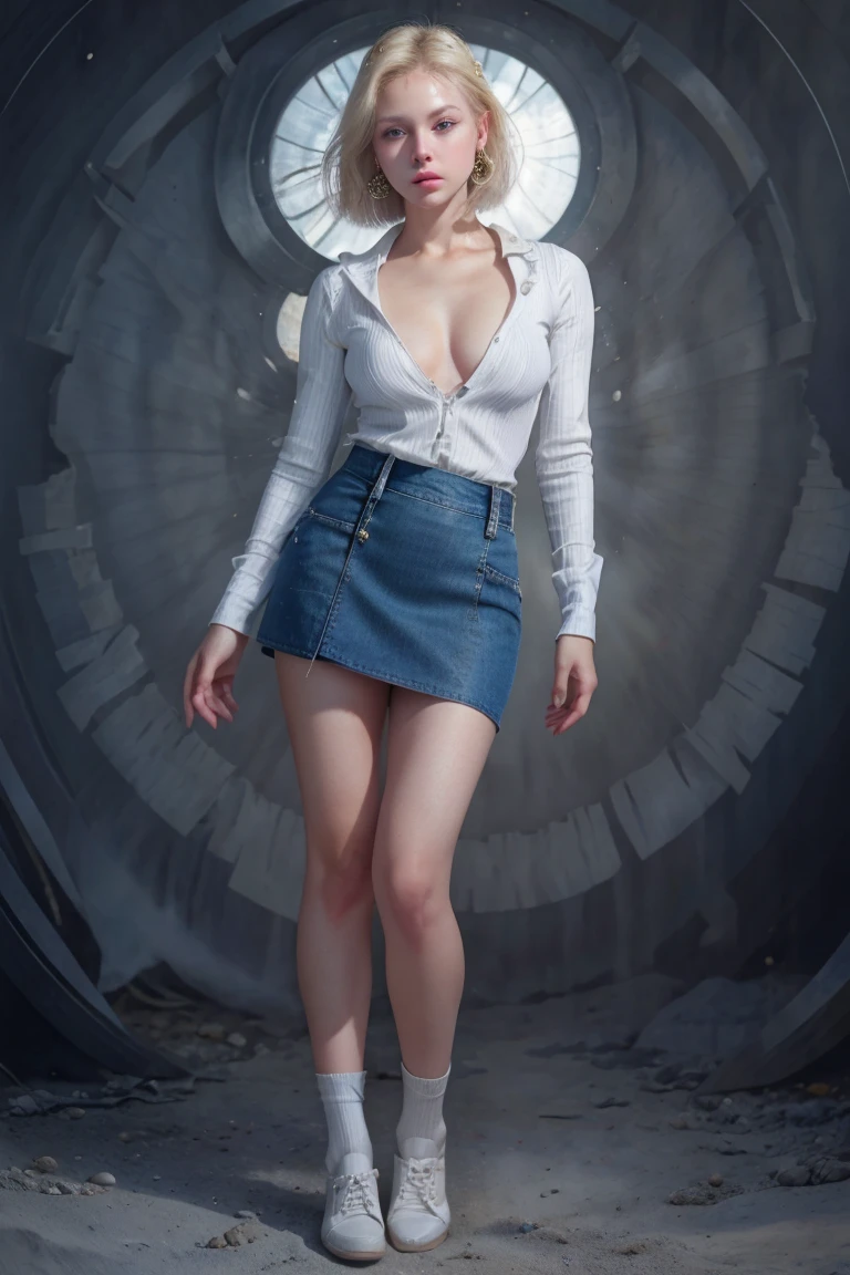 Realistic Android 18, wasp body, full, blonde hair, blue eyes, eyelashes, earrings, short hair, earring, black sock, chest pocket, cleavage, collarbone, denim, denim skirt, high waist mini skirt, detailed legs, jewelry, long sleeves. , pocket, shirt, tucked in shirt, skirt, stripes, striped sleeves, short vest, correct hands, large volume detailed legs. White shoes. Clothes attached to the body.