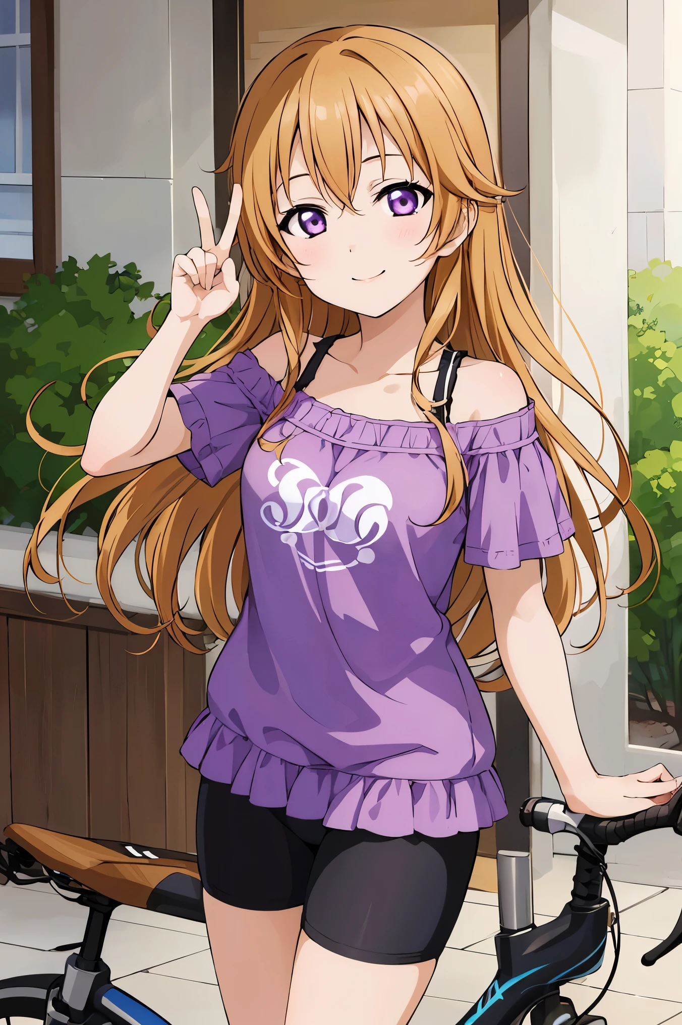 (best quality, masterpiece:1.2), (1girl, solo:1.2), cute, smile,  detailed background, (looking at viewer, solo focus:1.2), 
Konoe kanata, long hair, straight hair, purple eyes, blonde hair, off shoulder, purple shirt, short sleeves, bike shorts, standing, two peace sign, solo focus, 